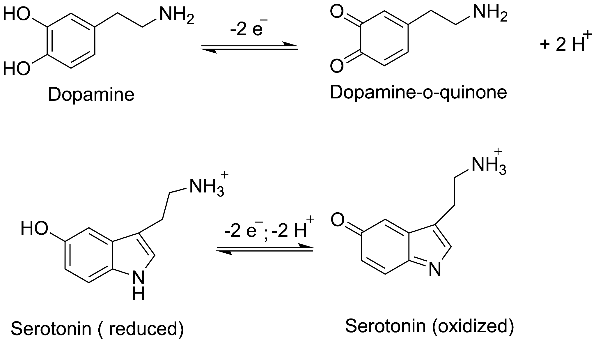 Redox reaction schemes of dopamine (to dopamine-o-quinone) and serotonin (reduced to oxidized form)