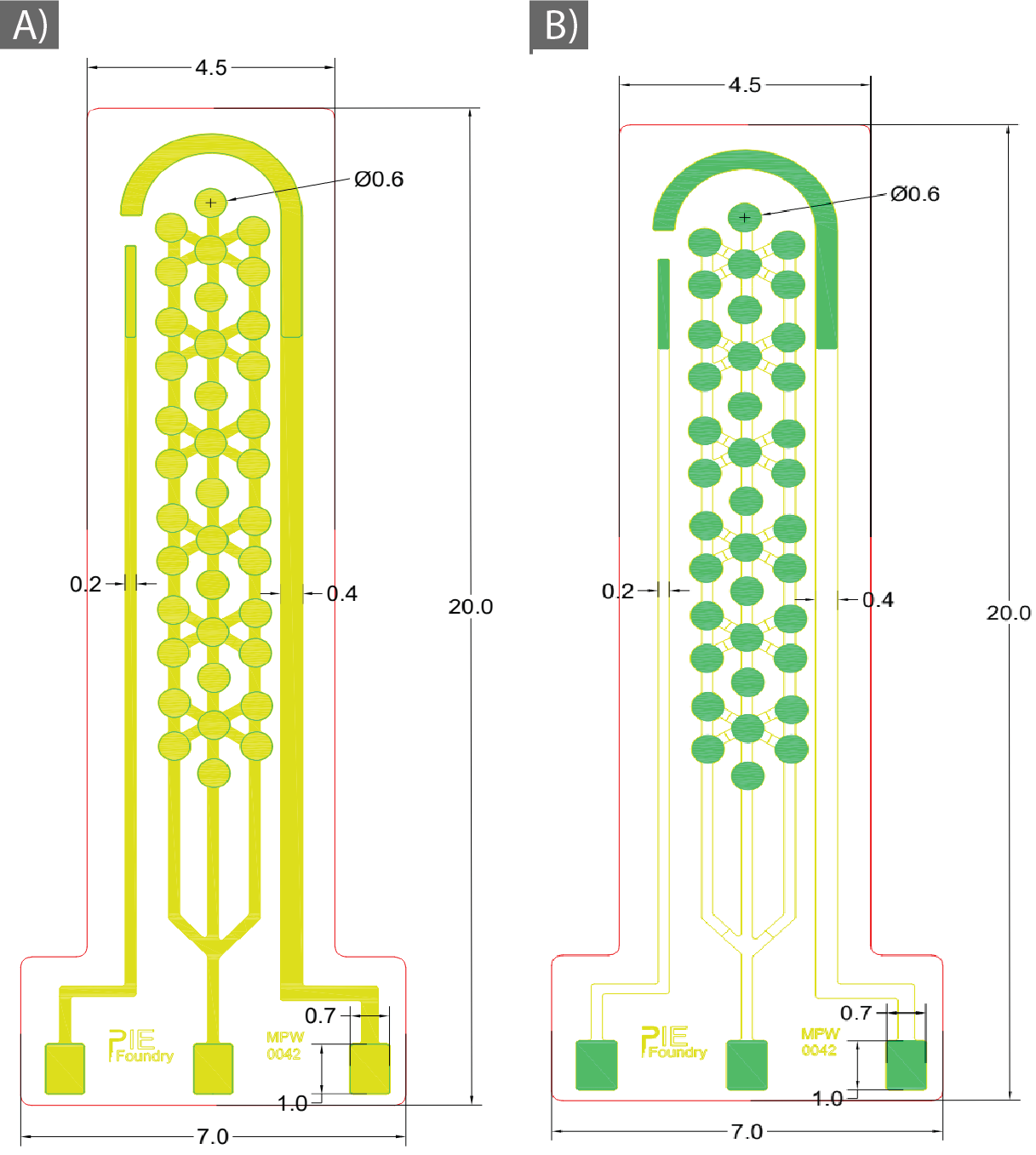 Electrode design masks: (A) metal deposition mask and (B) dry etching mask, each showing 37 circular 0.6 mm working-electrode sites, contact pads, and overall 20 mm x 4.5 mm module dimensions