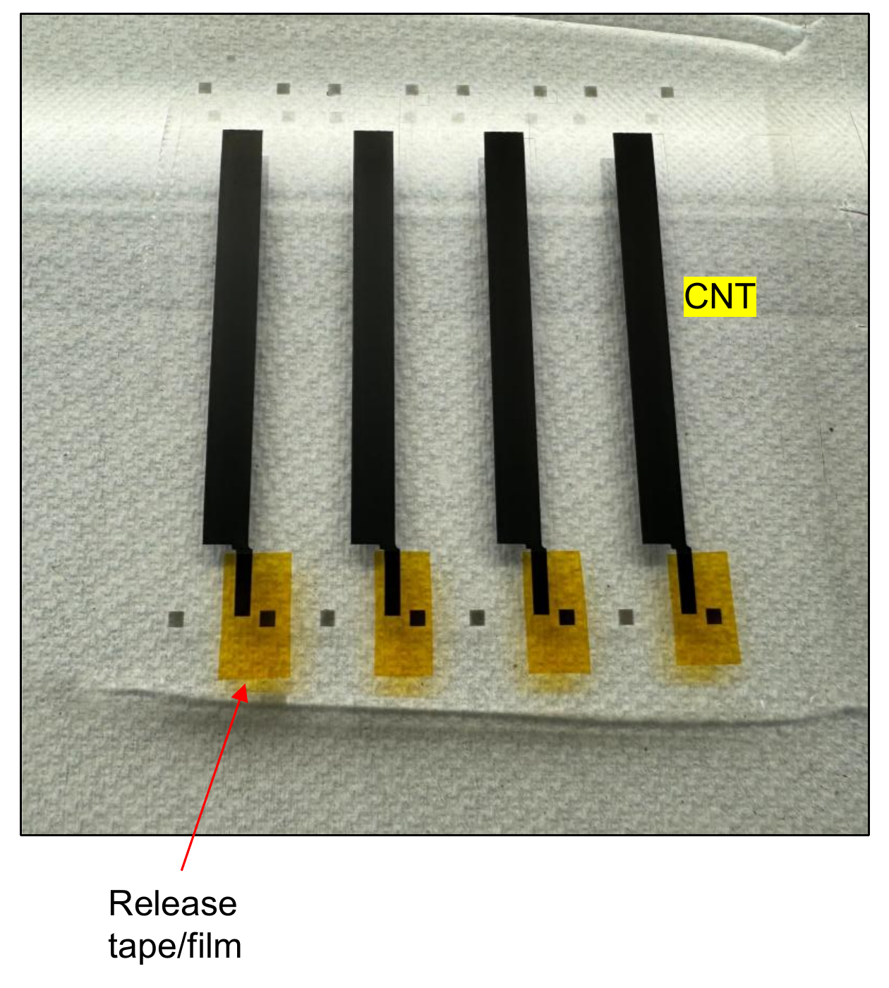 Photo of four spray-coated CNT strips on fabric, with the release tape/film over each contact pad highlighted