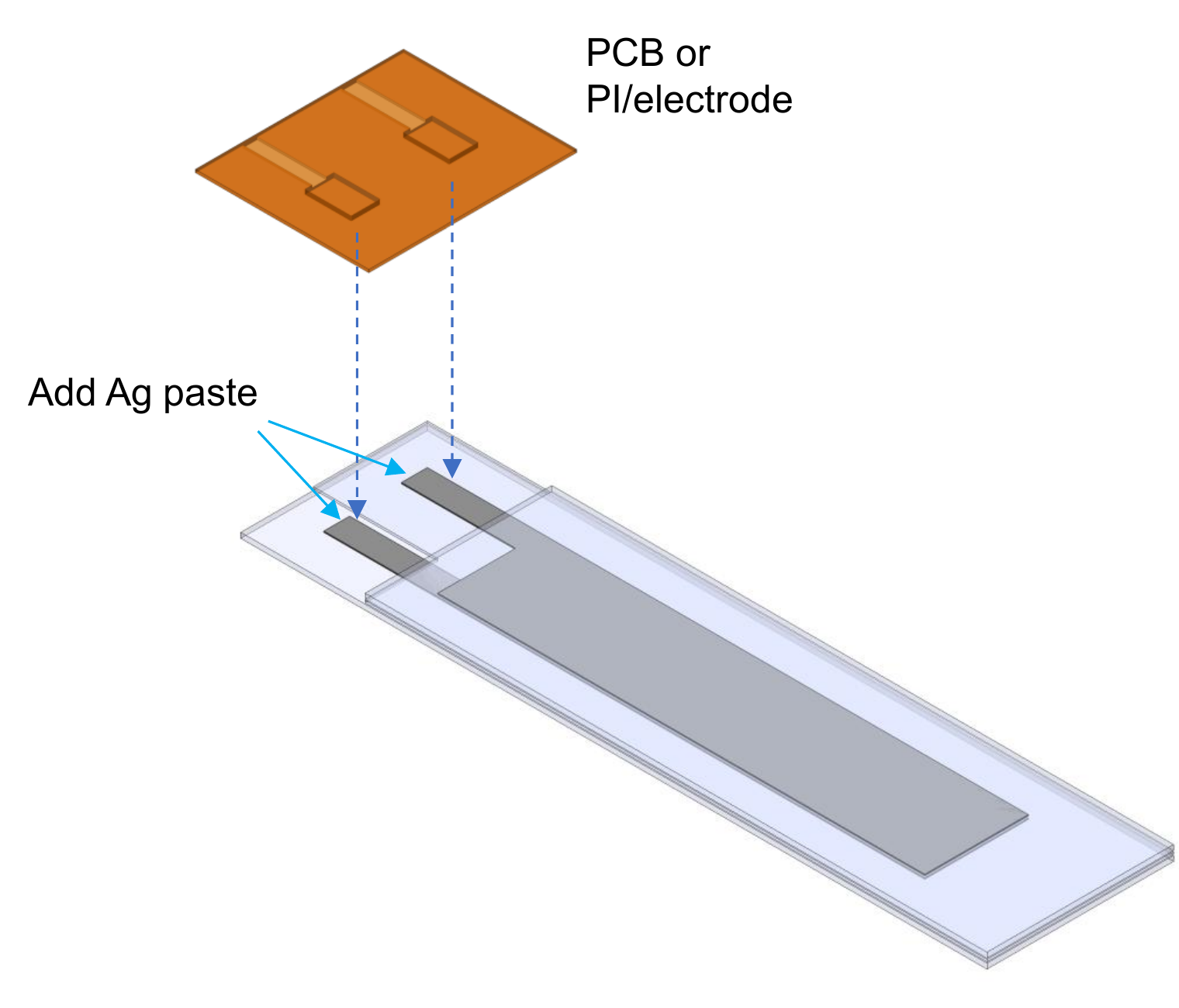Schematic of the PCB/PI electrode being bonded to the two CNT contact pads with Ag paste