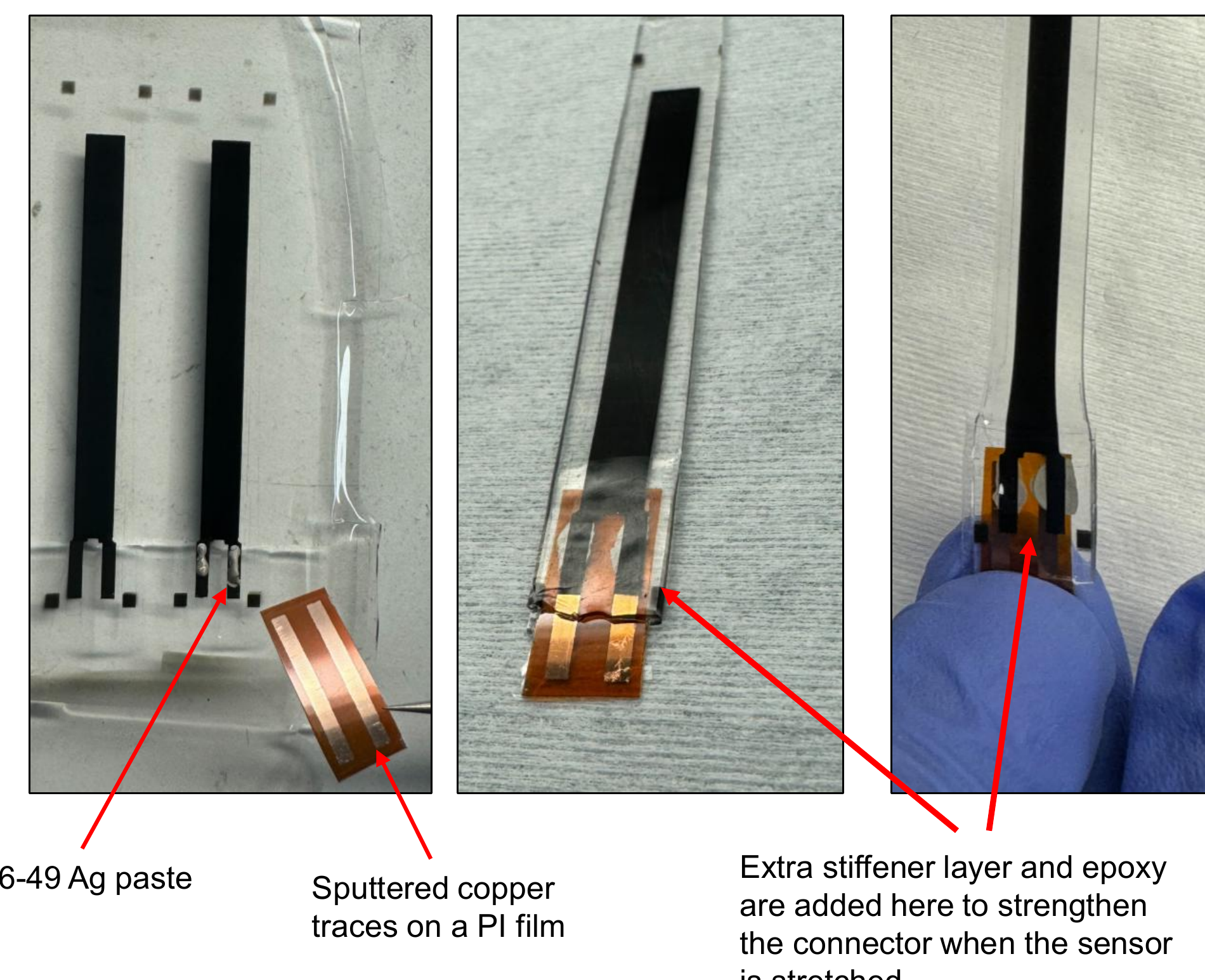 Three photos showing the 126-49 Ag paste bond, the sputtered copper traces on a PI film, and the extra stiffener layer/epoxy added to strengthen the connector when the sensor is stretched