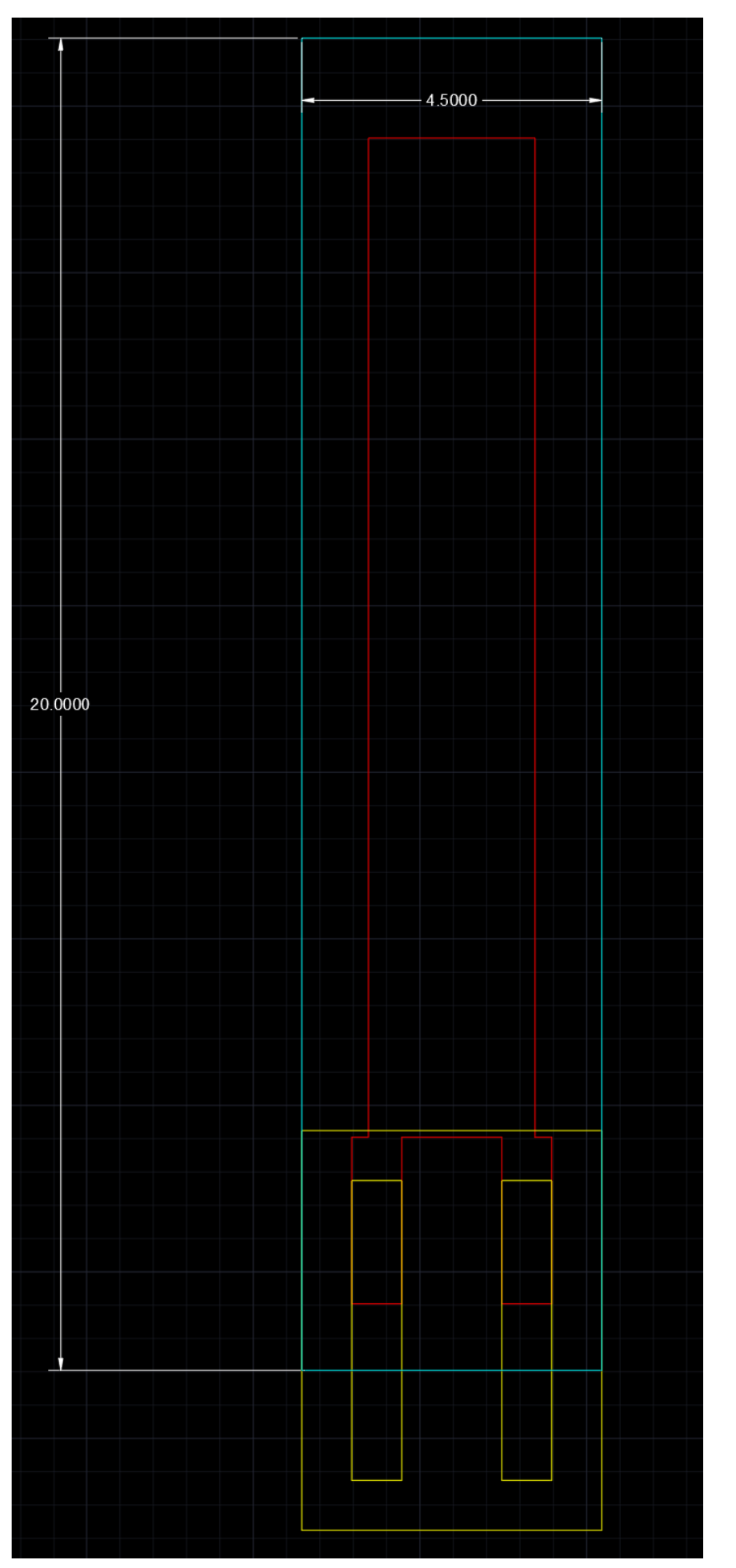 Full CAD outline of the sensor: cyan trace is the sensor contour, red trace is the CNT region, yellow trace is the PI stiffener/board, dimensioned at 20.0000 x 4.5000