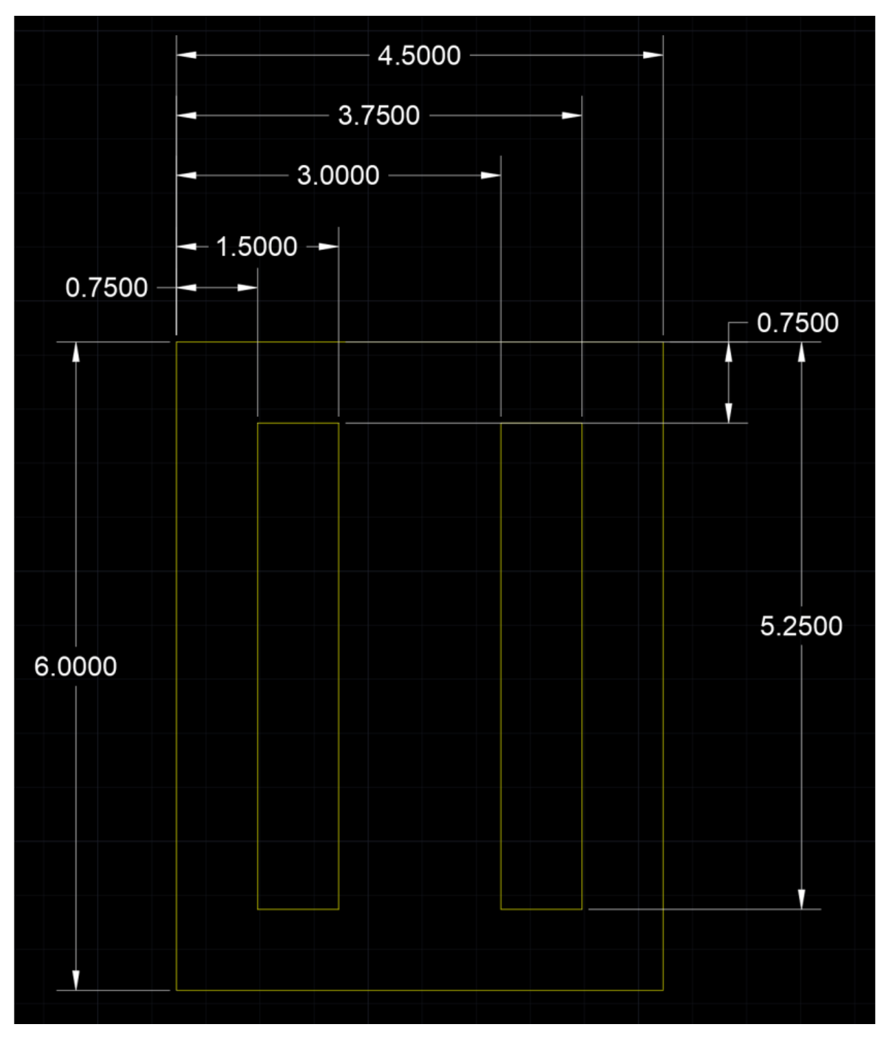 Dimensioned CAD drawing of the PI stiffener/board footprint (6.0000 x 4.5000 overall, with 0.7500-3.7500-1.5000 pad spacing)