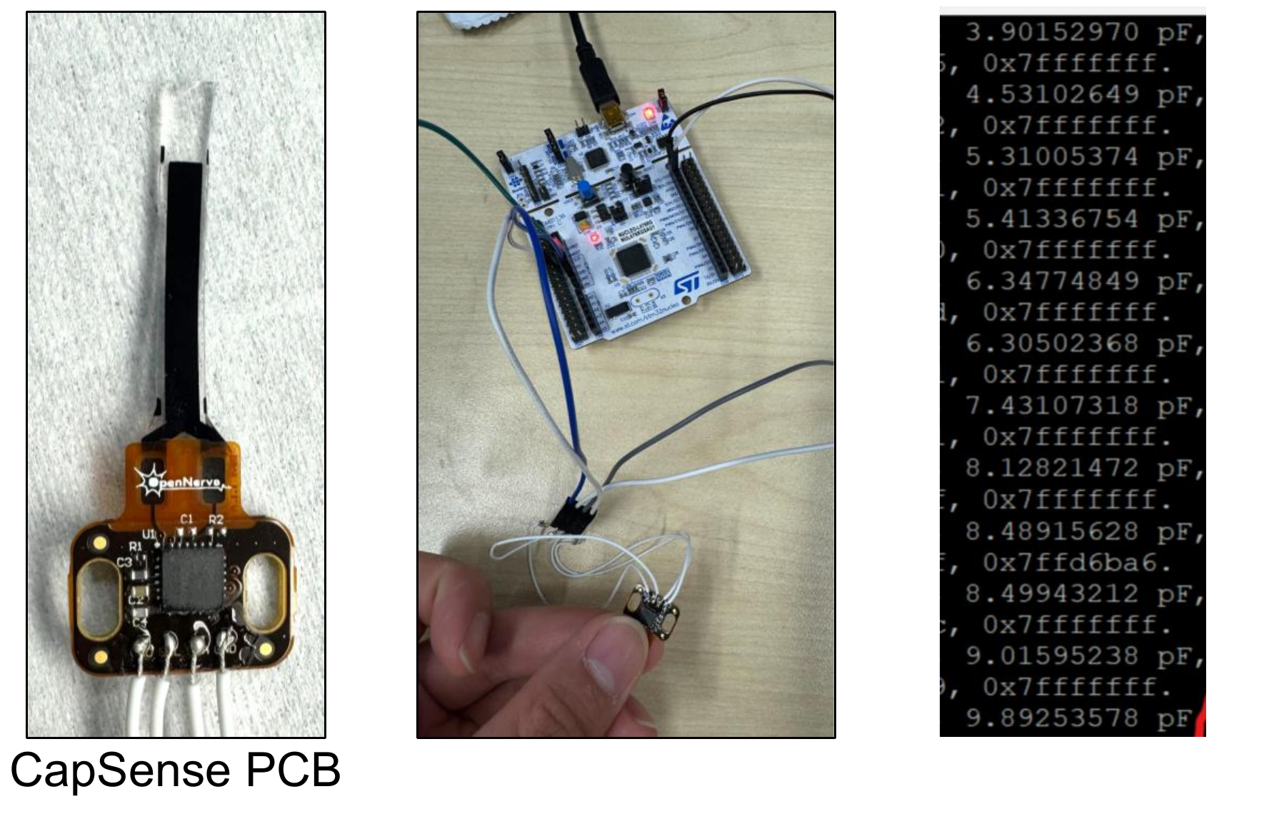 Photos of the CapSense PCB, the wired STM32 nucleo board setup, and a terminal window streaming real-time capacitance readings