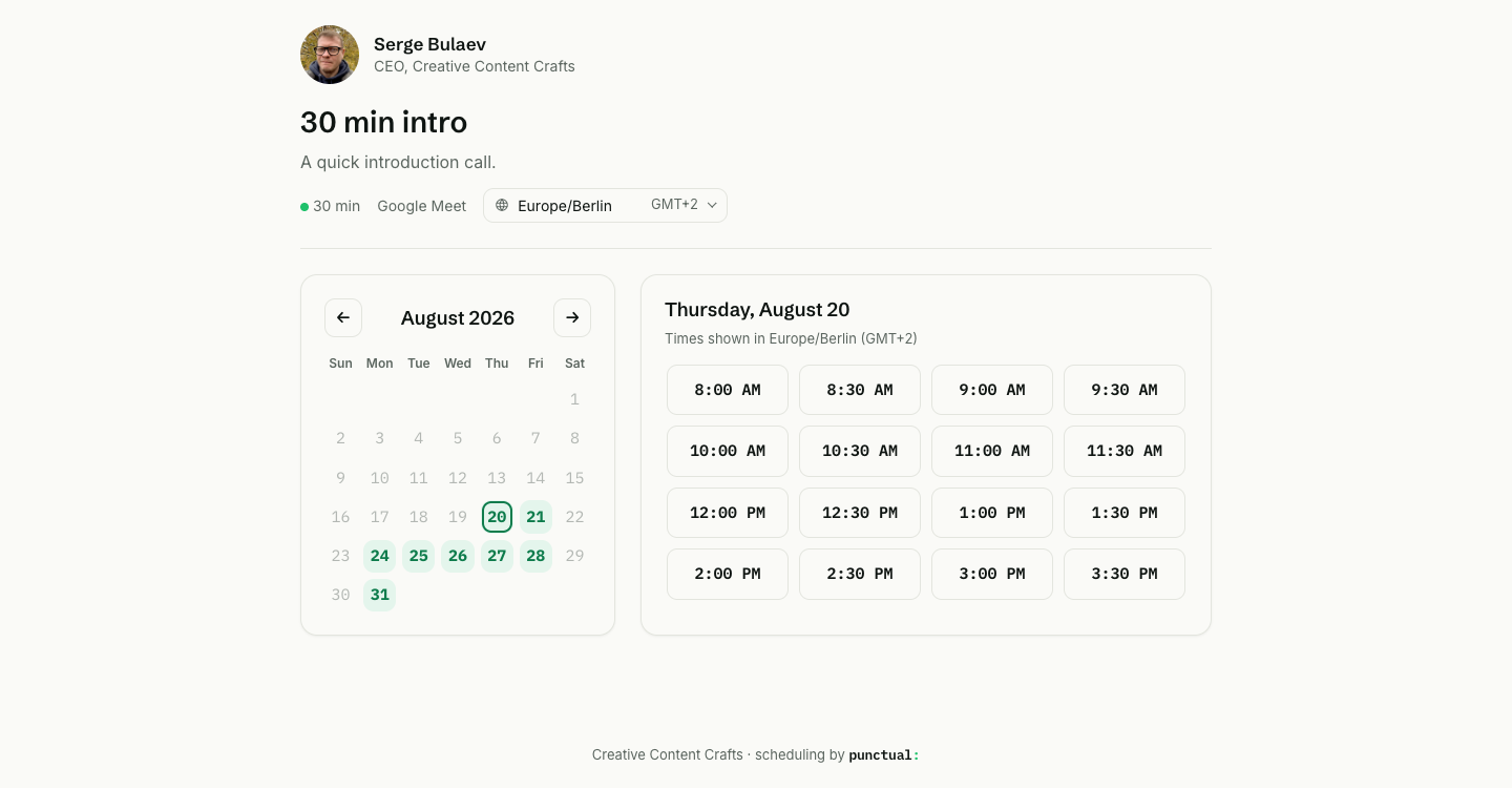 Punctual booking page: a day picker calendar next to a list of available half-hour slots, in the light theme