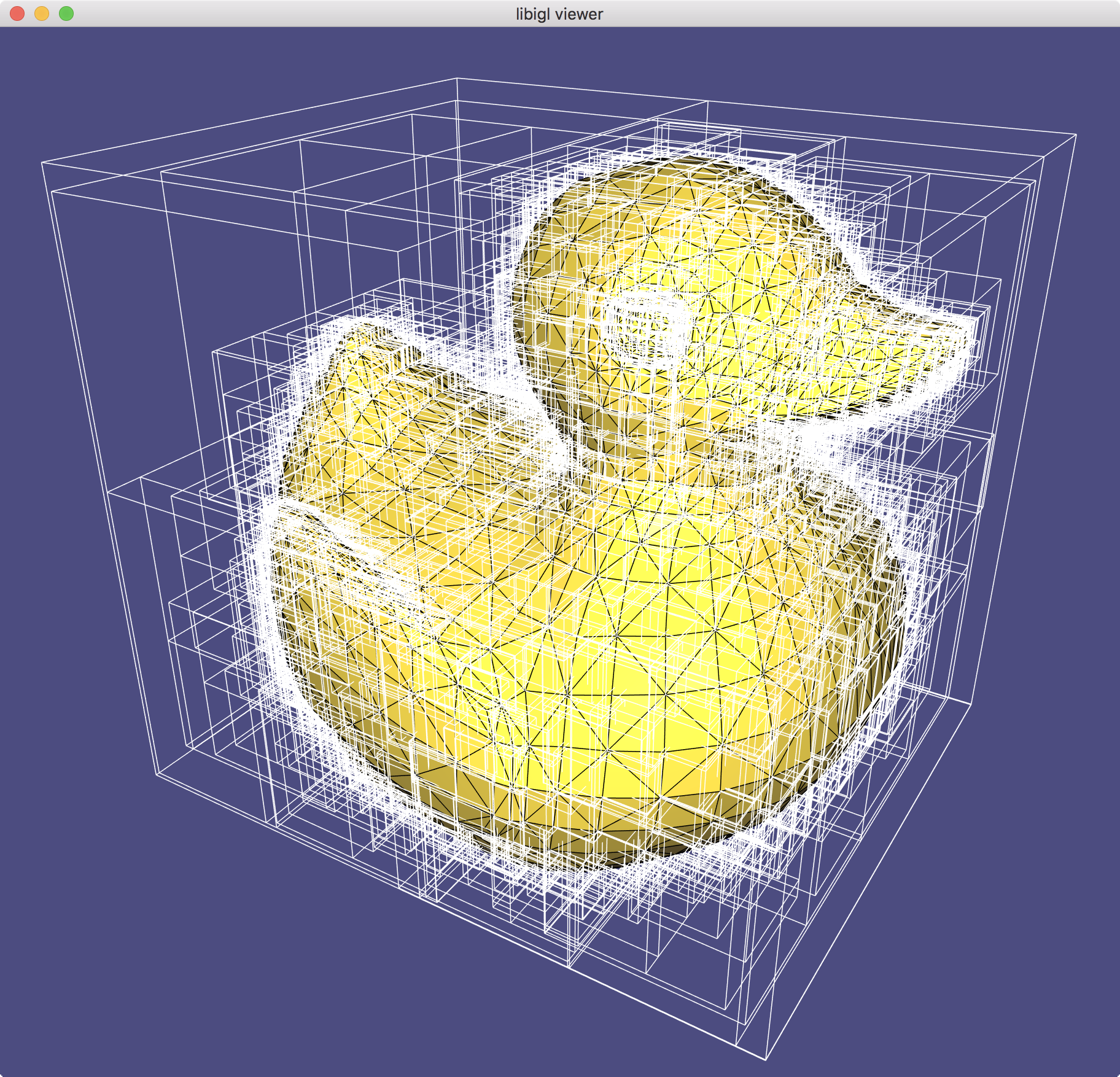 Visualize of all of the boxes of a hierarchical axis-aligned bounding-box tree around the triangles of a rubber ducky mesh.