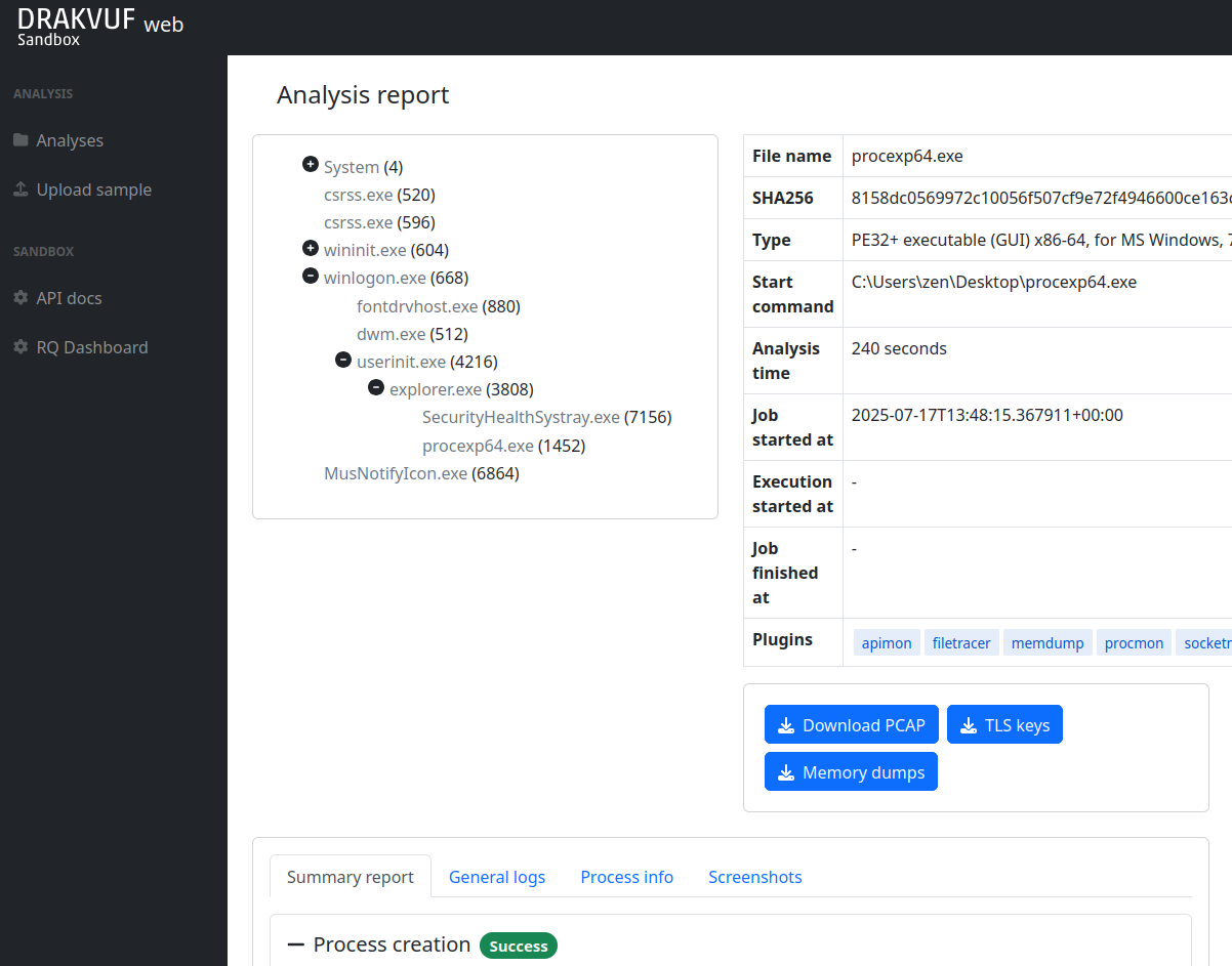 DRAKVUF Sandbox - Analysis view