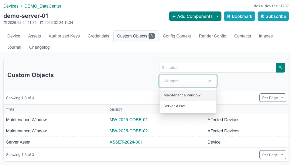 Custom Objects tab showing 3 linked objects with type filter dropdown