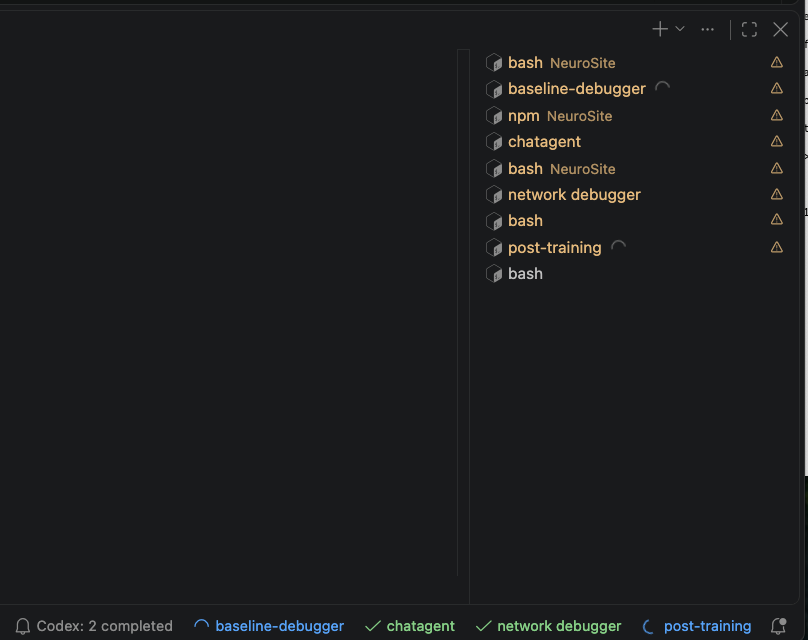 Codex terminals with background spinners, conversation names, and an unread completion counter