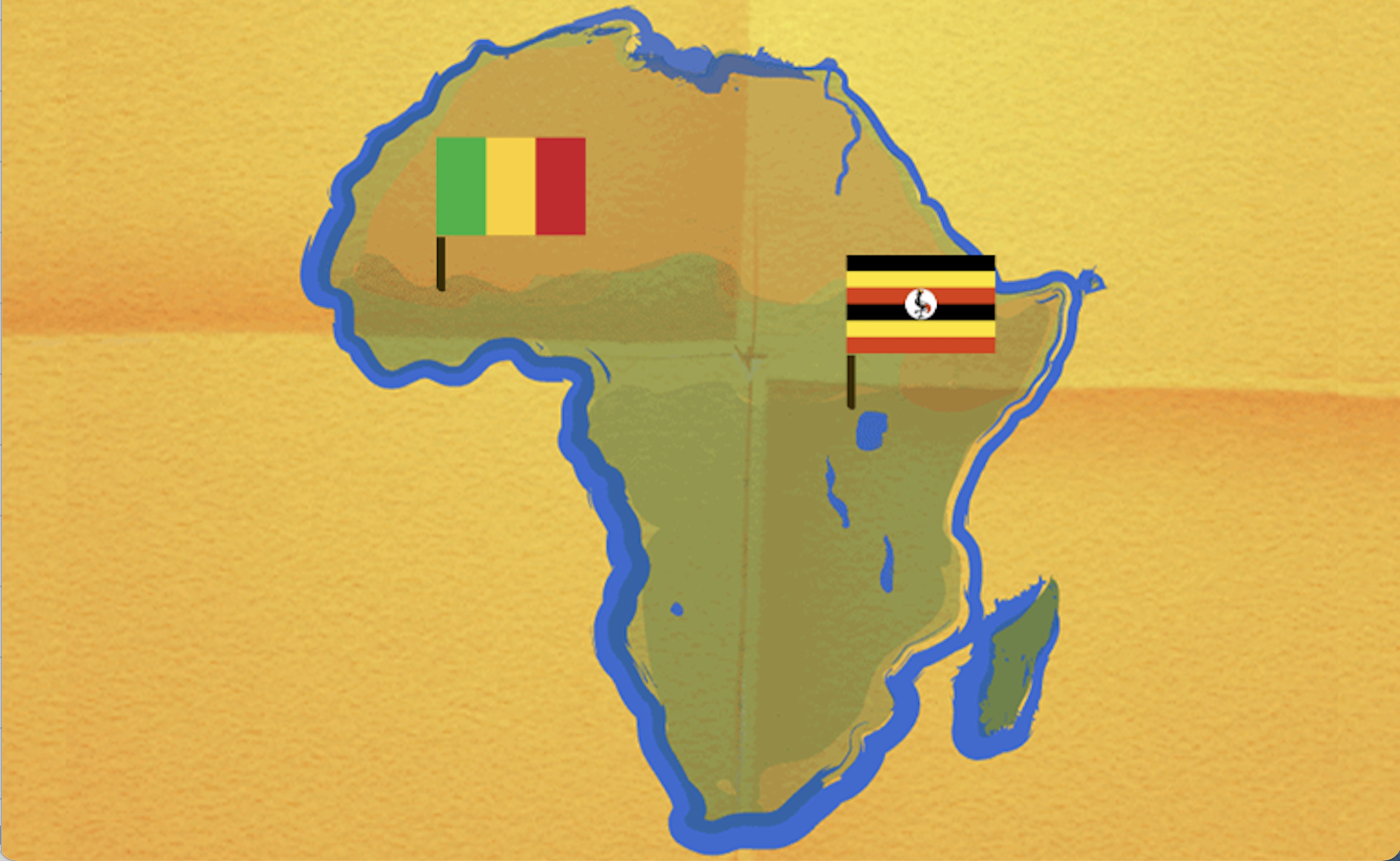 Map of Africa; Mali and Uganda are highlighted where their respective flags point. Image credit: © 2010 Roland Urbanek. Flags are edited in and overlayed on the image.
