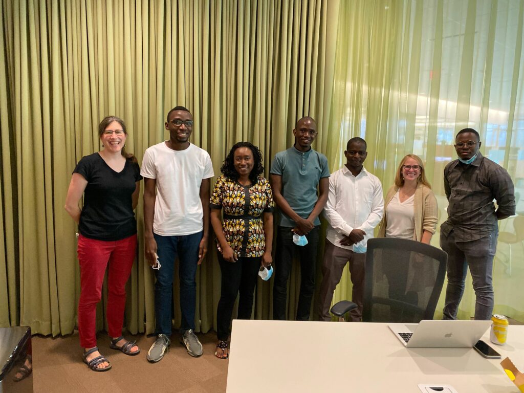 The five ACE students with OSG’s Research Computing Facilitators. From left to right: Christina Koch, Mike Nsubuga, Aoua Coulibaly, Modibo Goita, Sitapha Coulibaly, Rachel Lombardi, Kangaye Amadou Diallo.