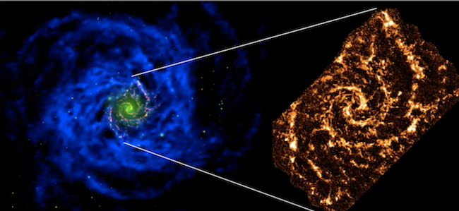 An image of a blue spiral from the VLA of a nearby spiral galaxy is on the left. On the right an optical extent of the galaxy.