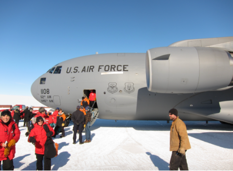 A plane with U.S. Air force on it in the South Pole