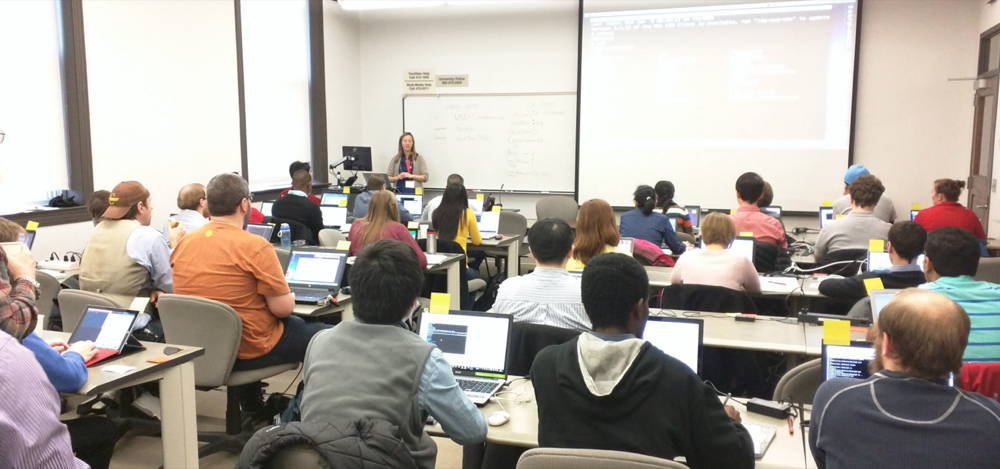 Participants with laptops at the Software Carpentry workshop at the University of Nebraska-Lincoln