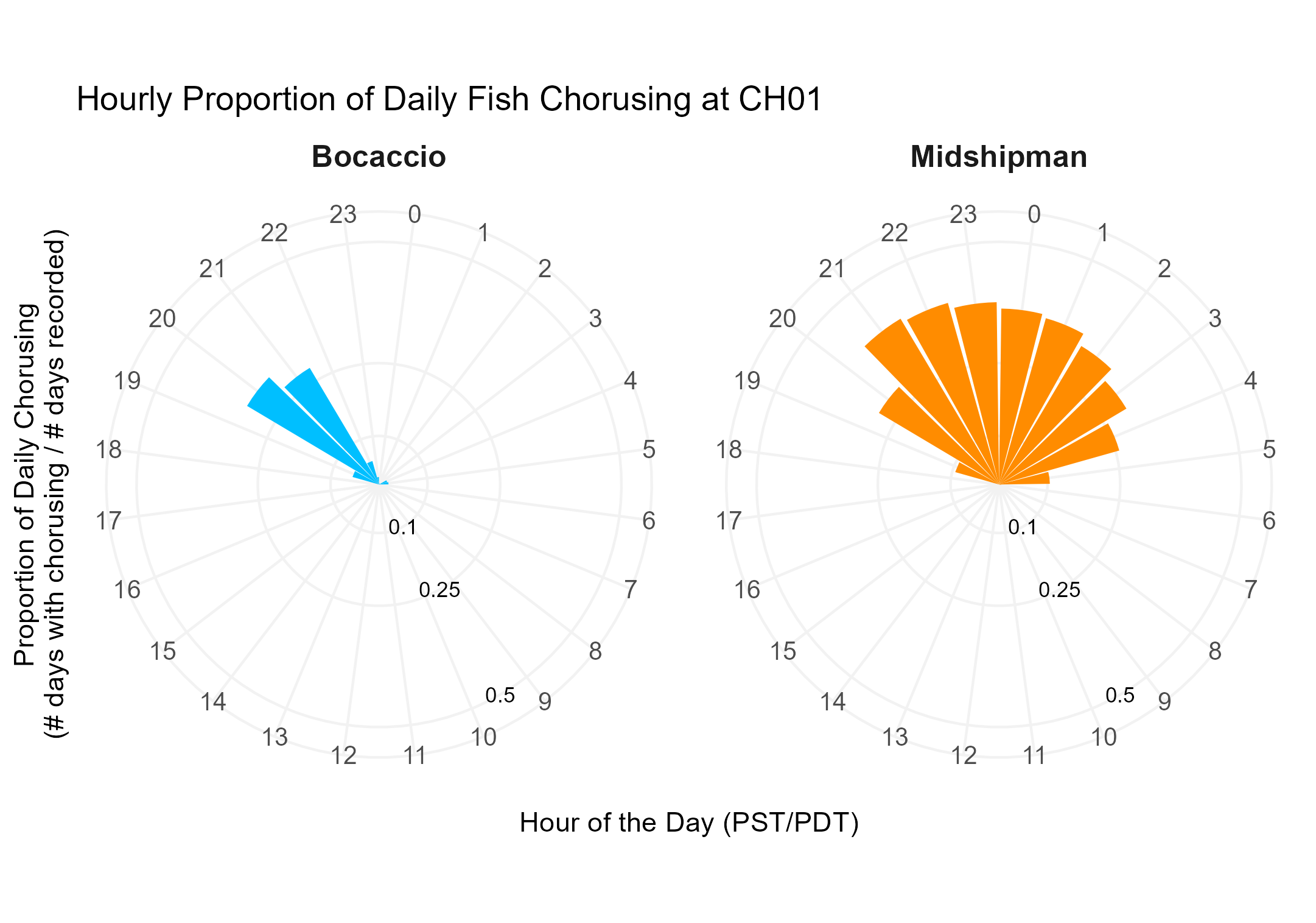 Rose plots (24 hour clock) of hourly proportion of fish chorusing detected for five fish species in the Chumash Heritage National Marine Sanctuary.