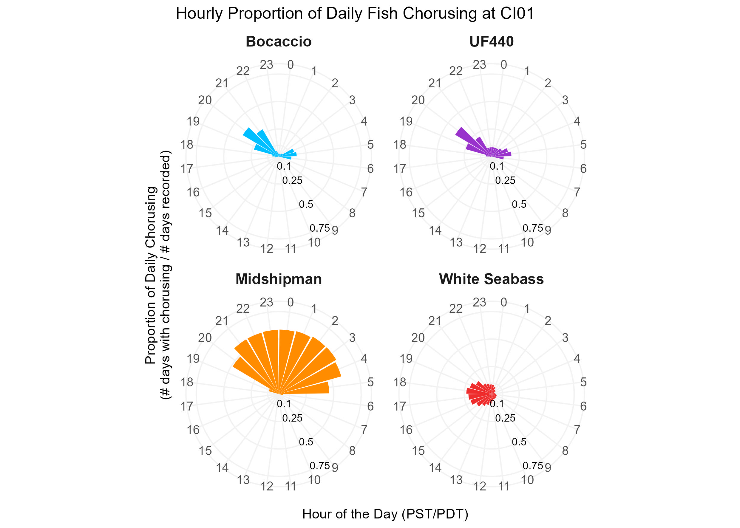 Rose plots (24 hour clock) of hourly proportion of fish chorusing detected for five fish species in the Channel Islands National Marine Sanctuary.