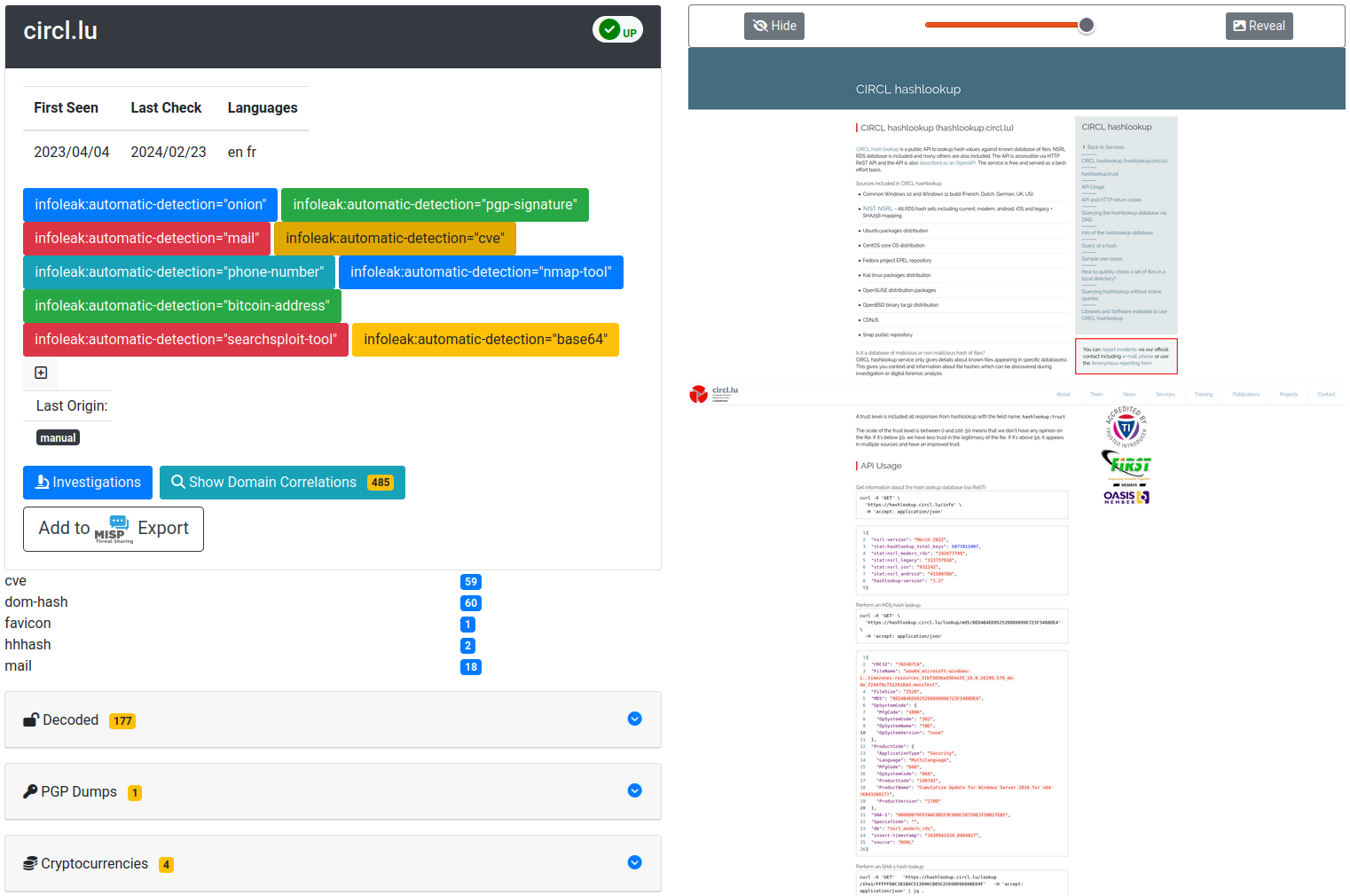 Crawled domain view Domain CIRCL