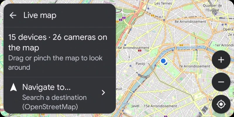 Android Auto live map zoomed out with known cameras