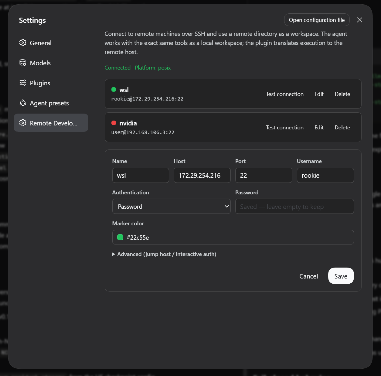 The remote development settings: saved machines, authentication, and marker color
