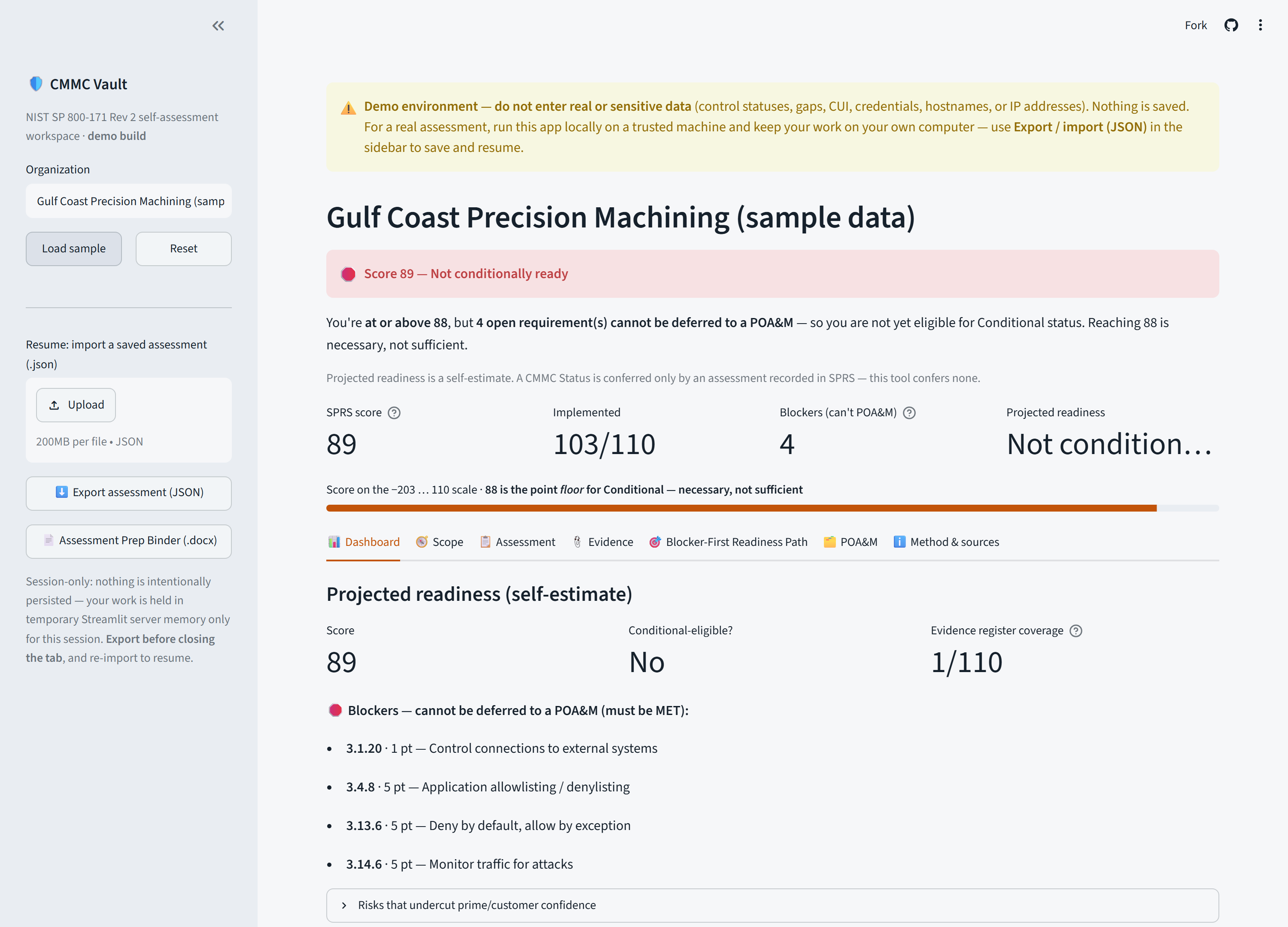 CMMC Vault — sample org at 89, "Not conditionally ready"