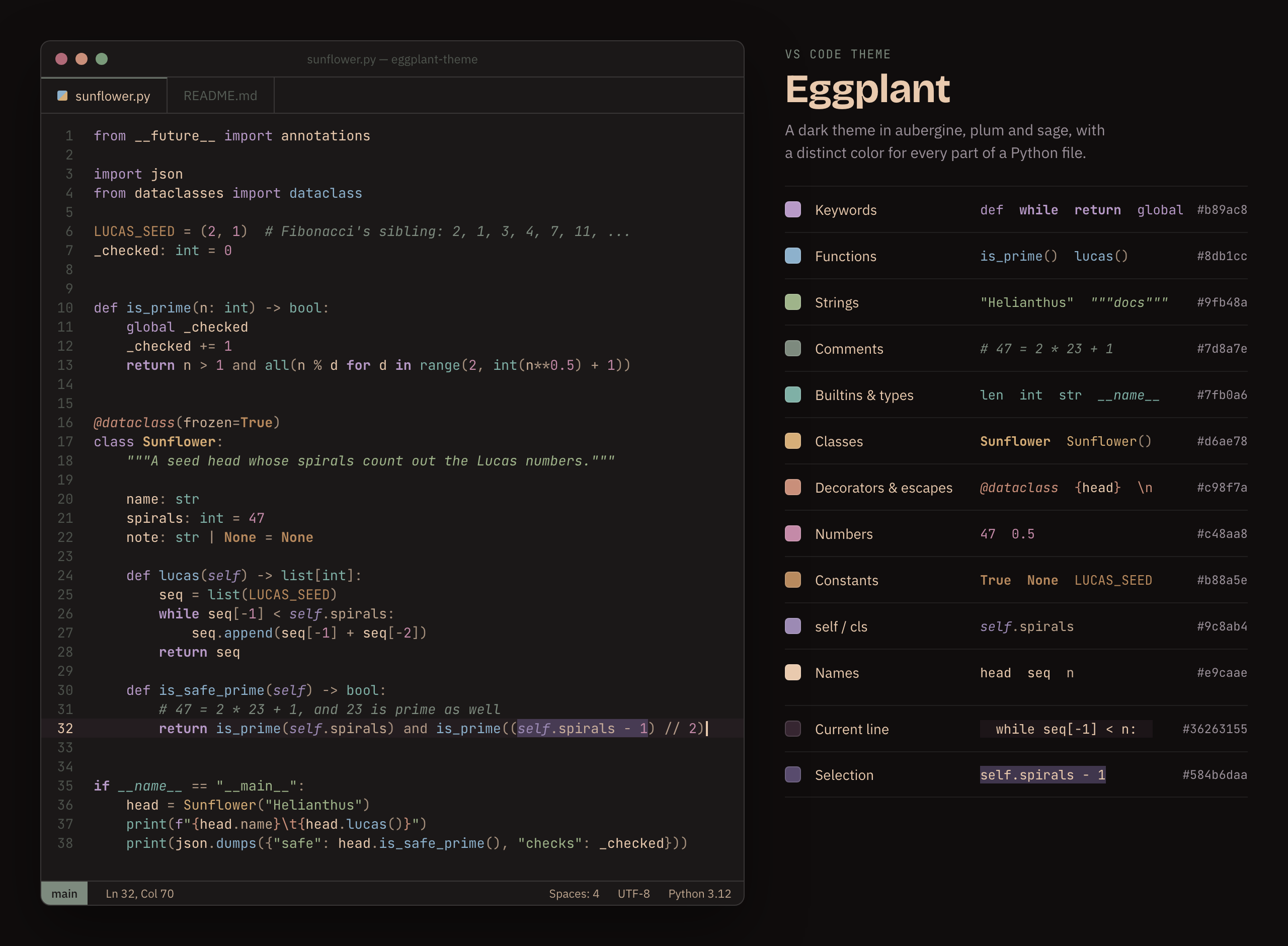 Eggplant in VS Code, showing a Python file next to a legend of what each color is used for