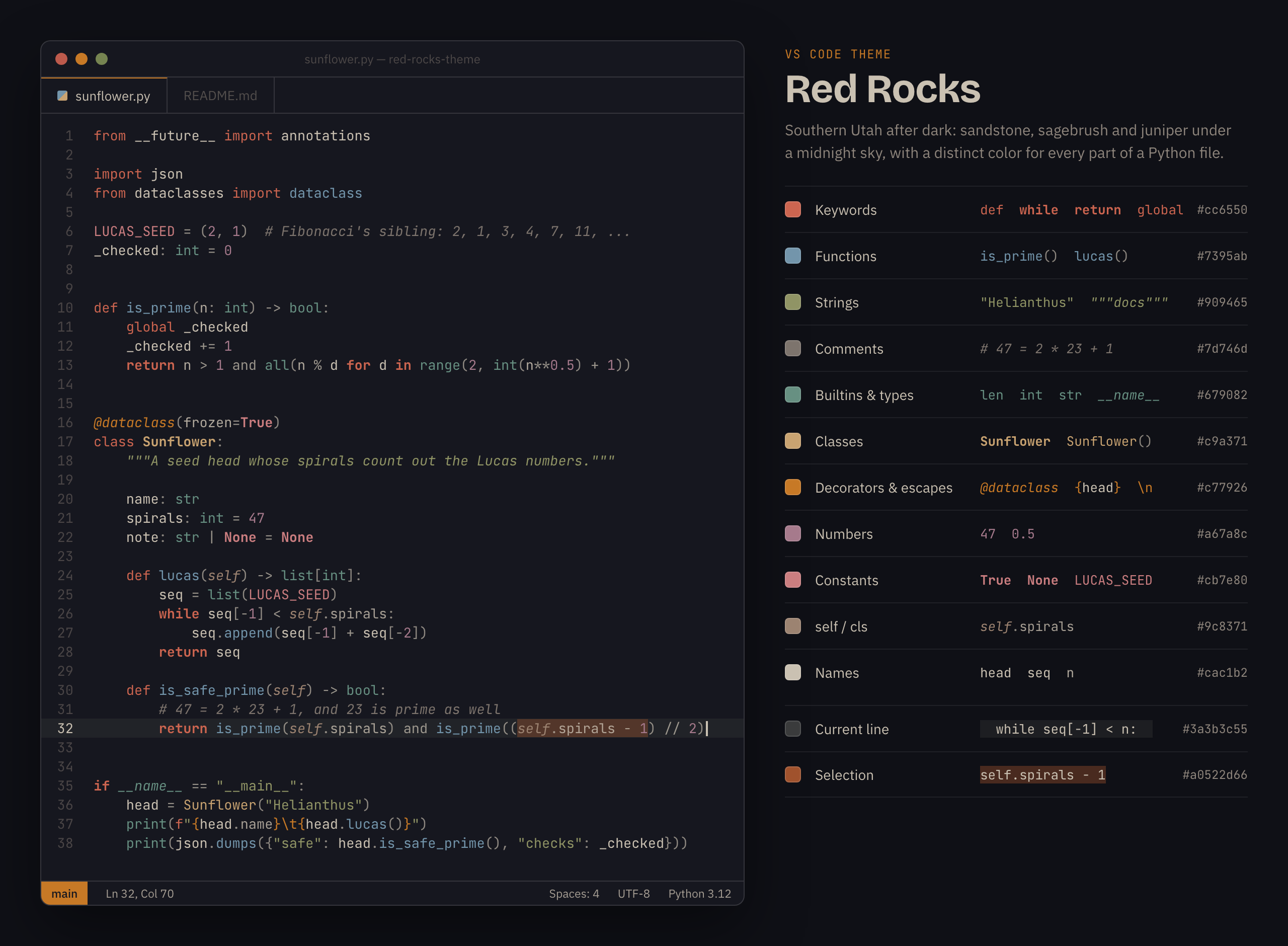 Red Rocks in VS Code, showing a Python file next to a legend of what each color is used for