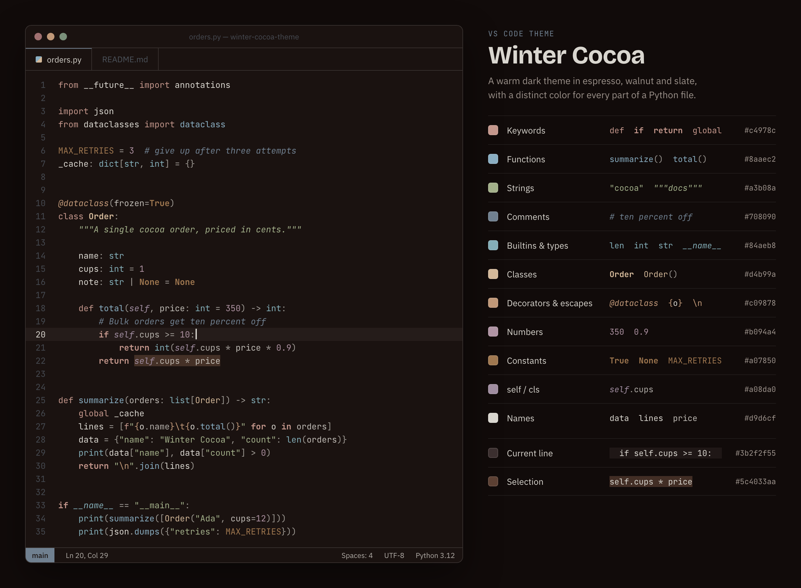 Winter Cocoa in VS Code, showing a Python file next to a legend of what each color is used for