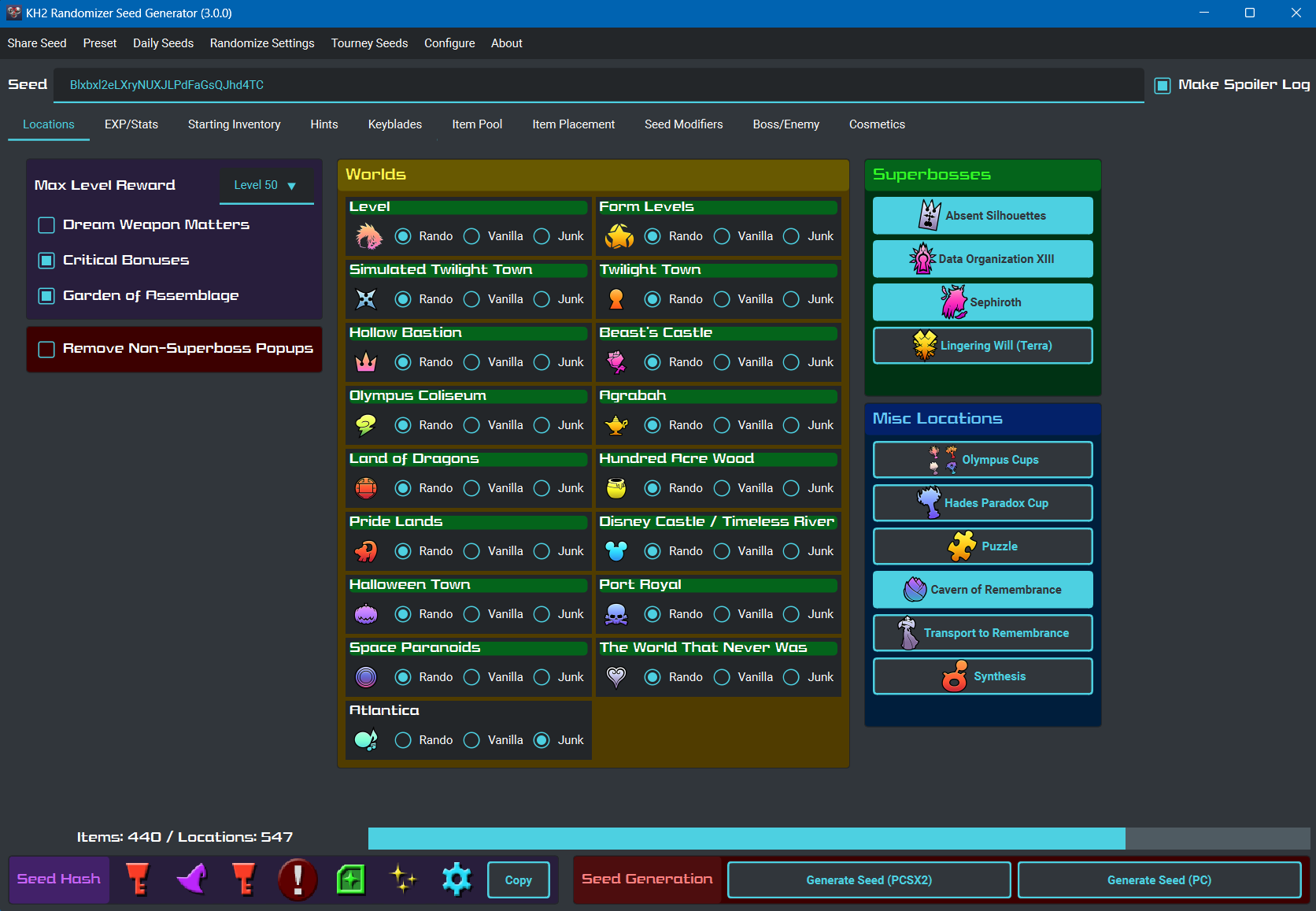 Screenshot of the seed generator user interface