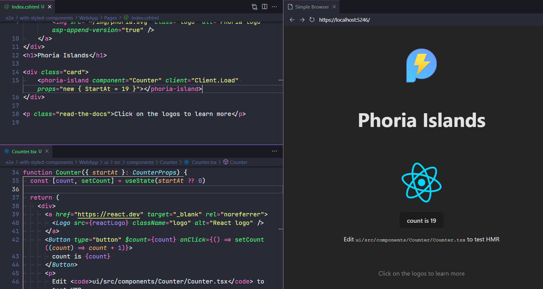 Screenshot showing a Phoria Island TagHelper being used in a dotnet Razor Pages app to render a React component
