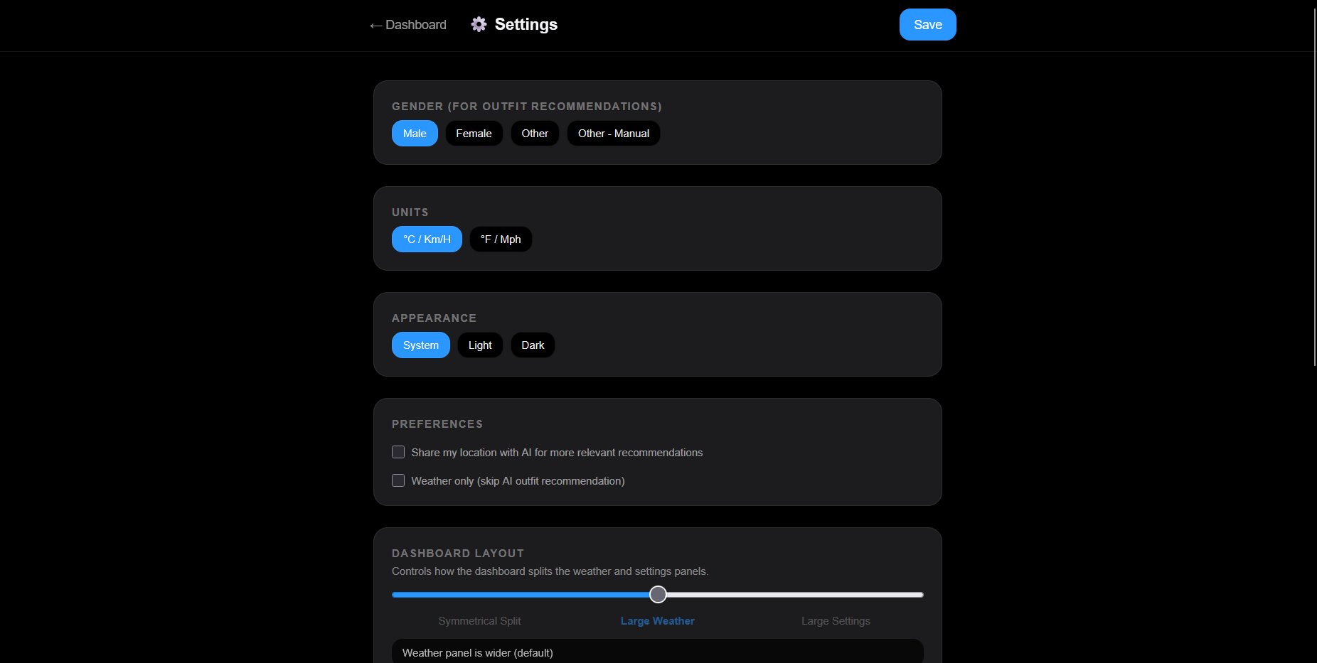 Settings page