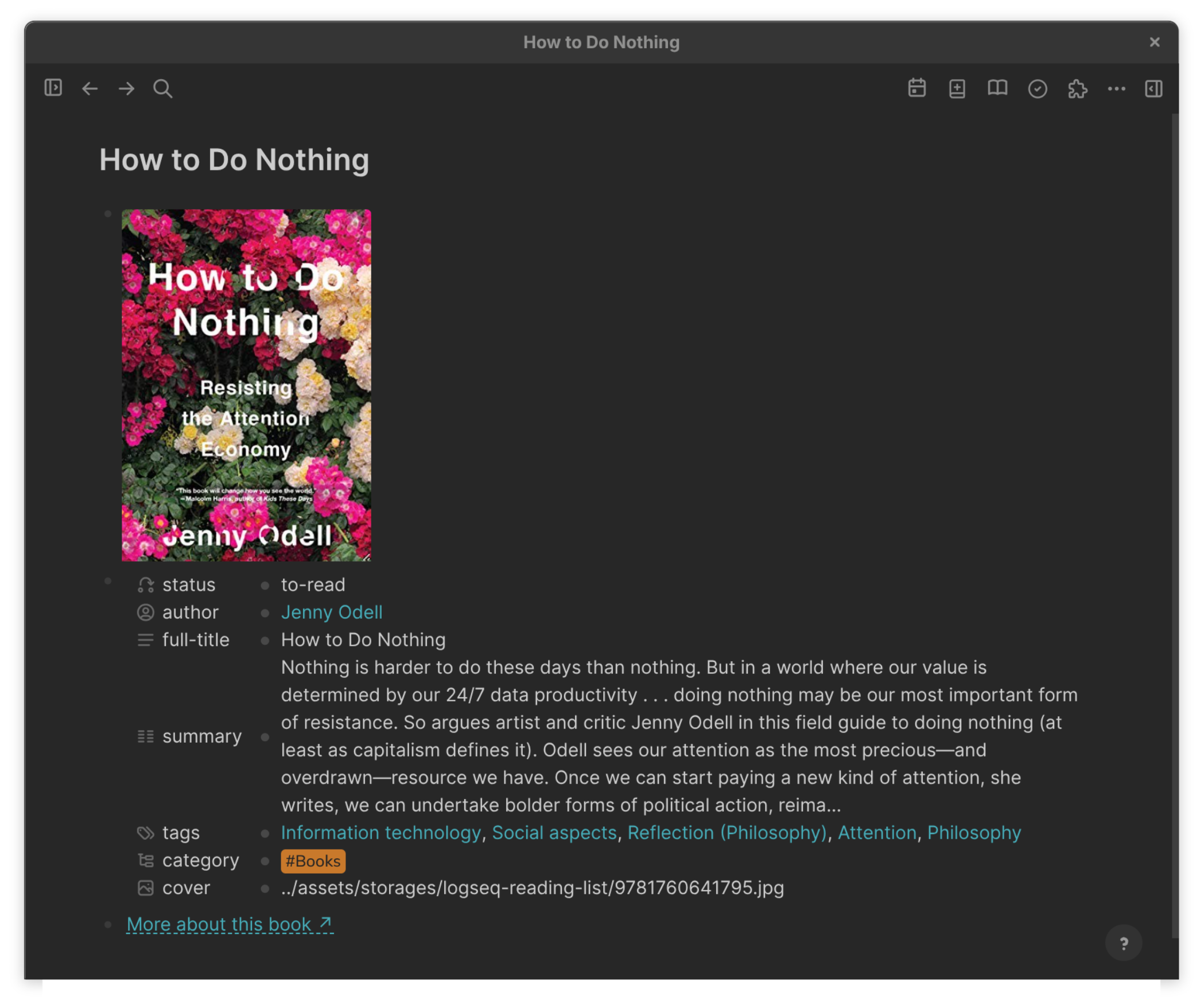 A per-book page created by Reading List — local cover image, then properties block with status / author / full-title / summary / tags / category / cover, and a 'More about this book' source link
