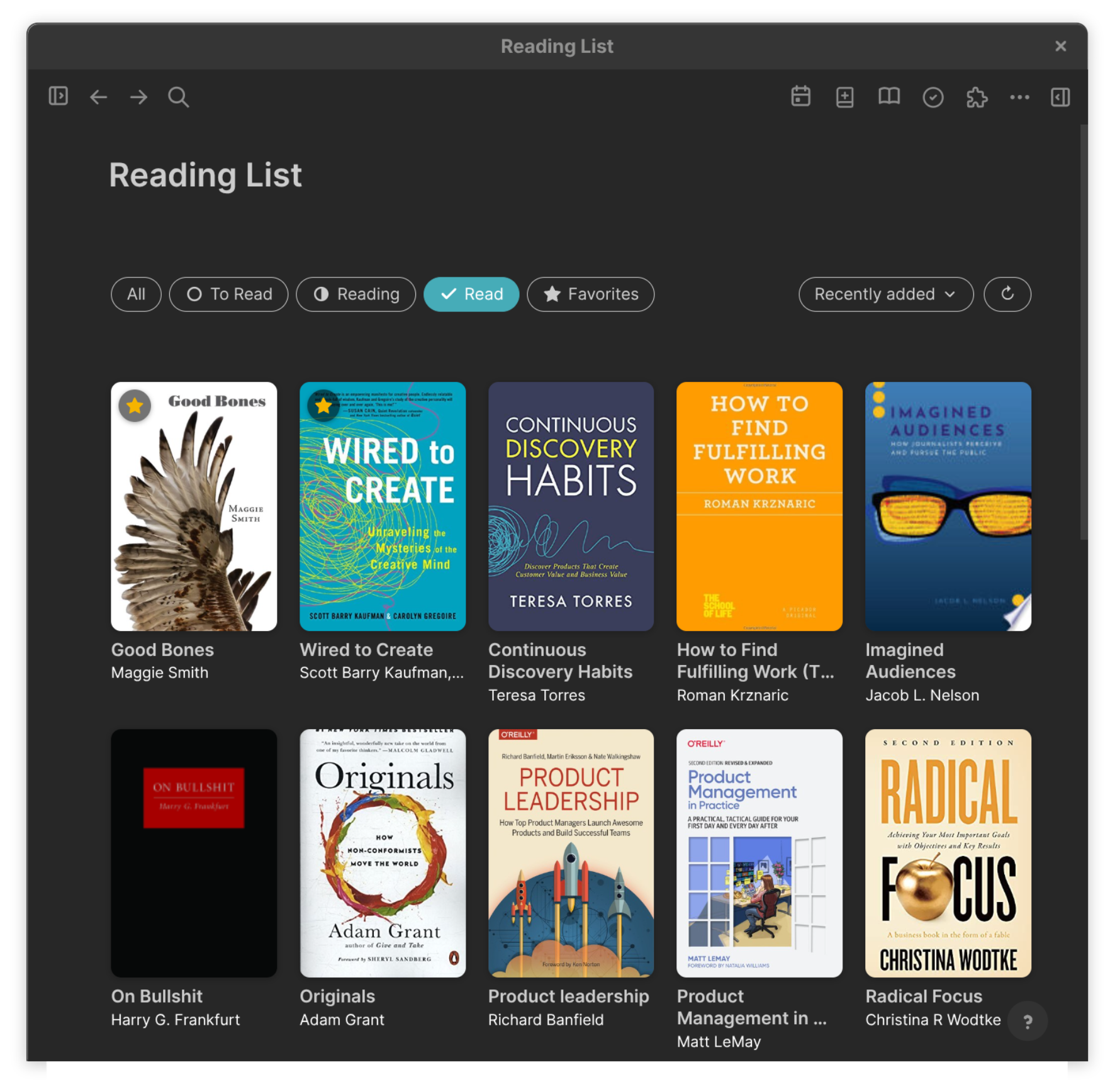 Reading List cover grid in Logseq — chips for All / To Read / Reading / Read / ★ Favorites, each carrying its status icon; gold stars pin favorited books to the top; sort dropdown and refresh button on the right