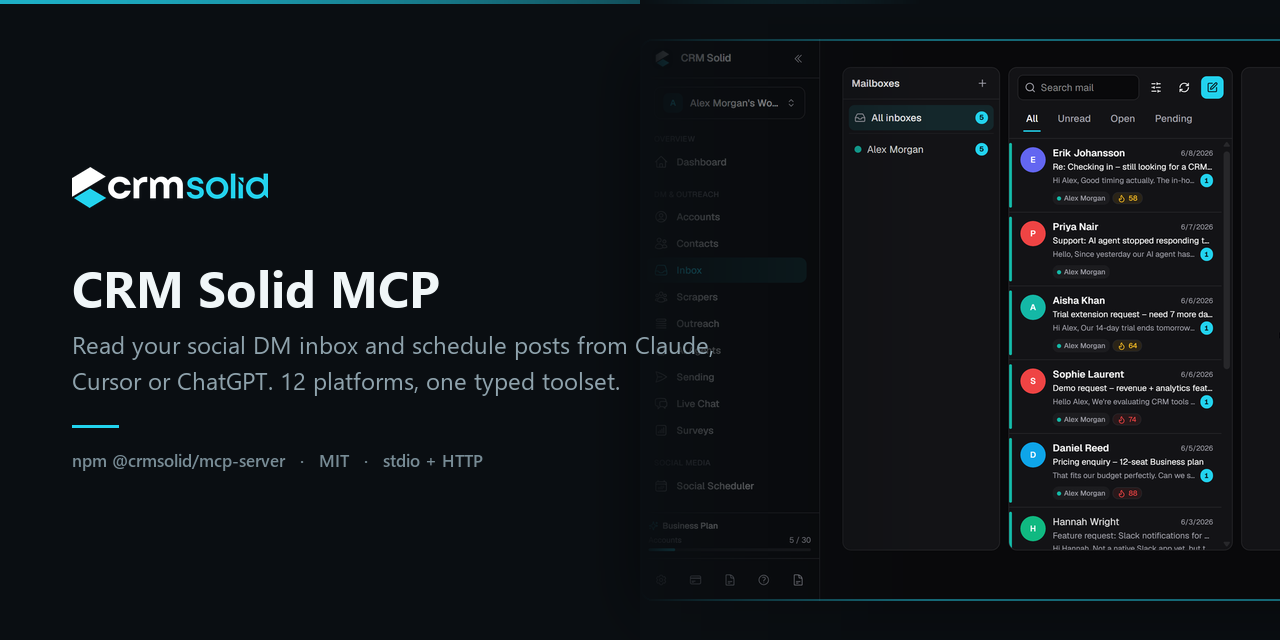 CRM Solid MCP: read your social DM inbox and schedule posts from Claude, Cursor or ChatGPT