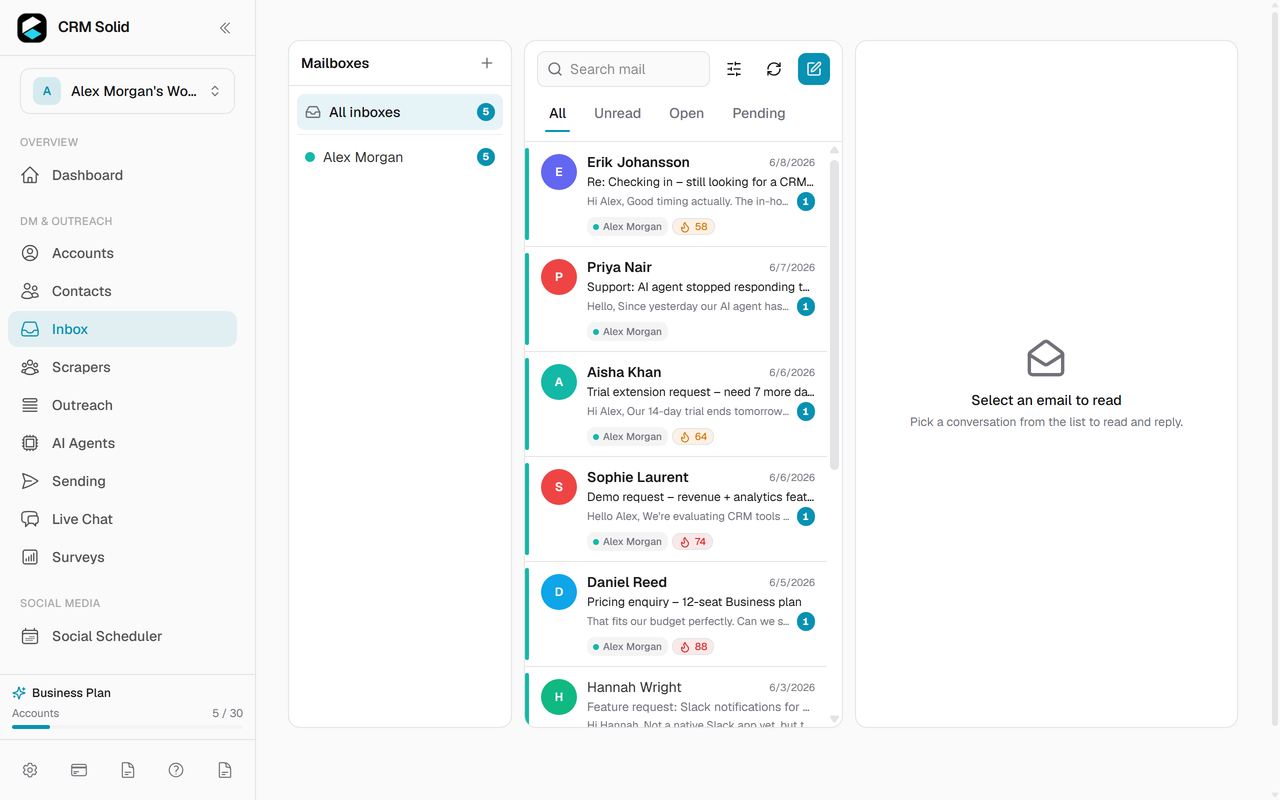 Unified social DM inbox in CRM Solid, with lead scores per conversation