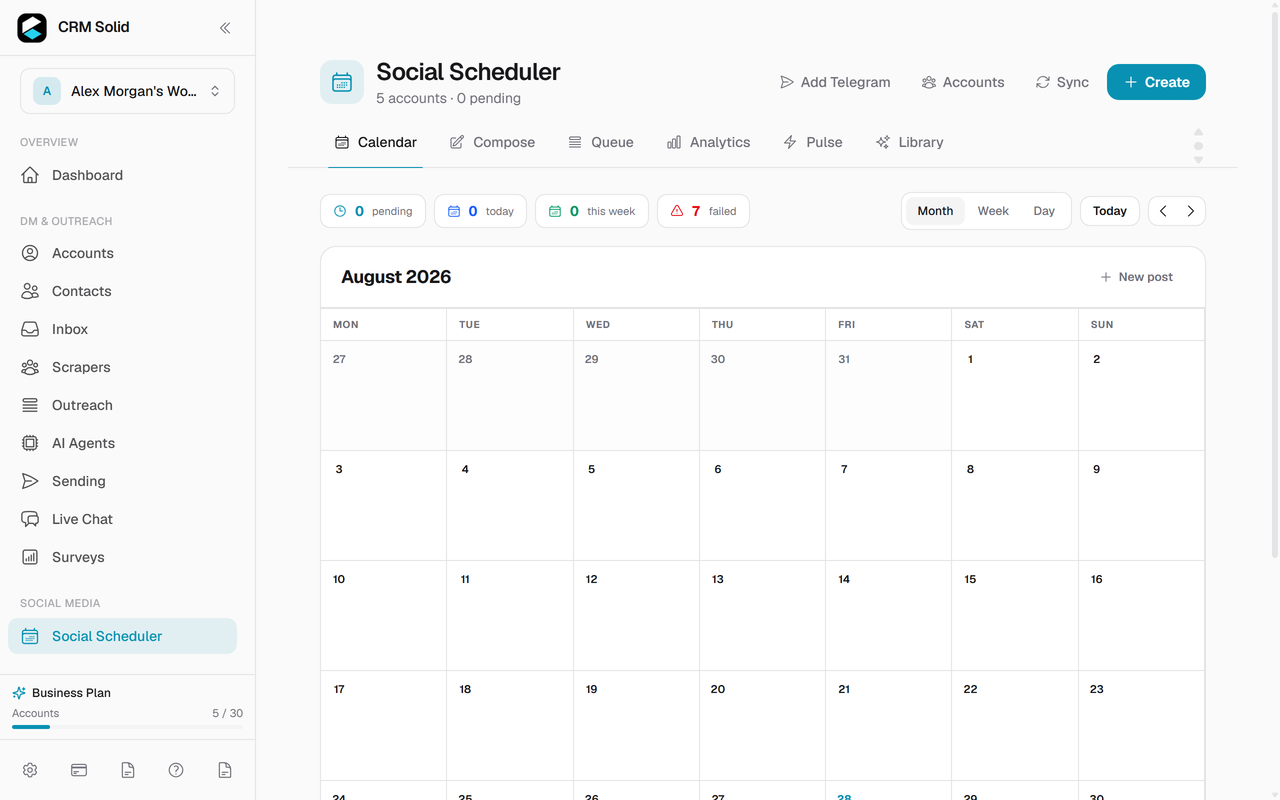 Social media post scheduler calendar that schedule_post writes into