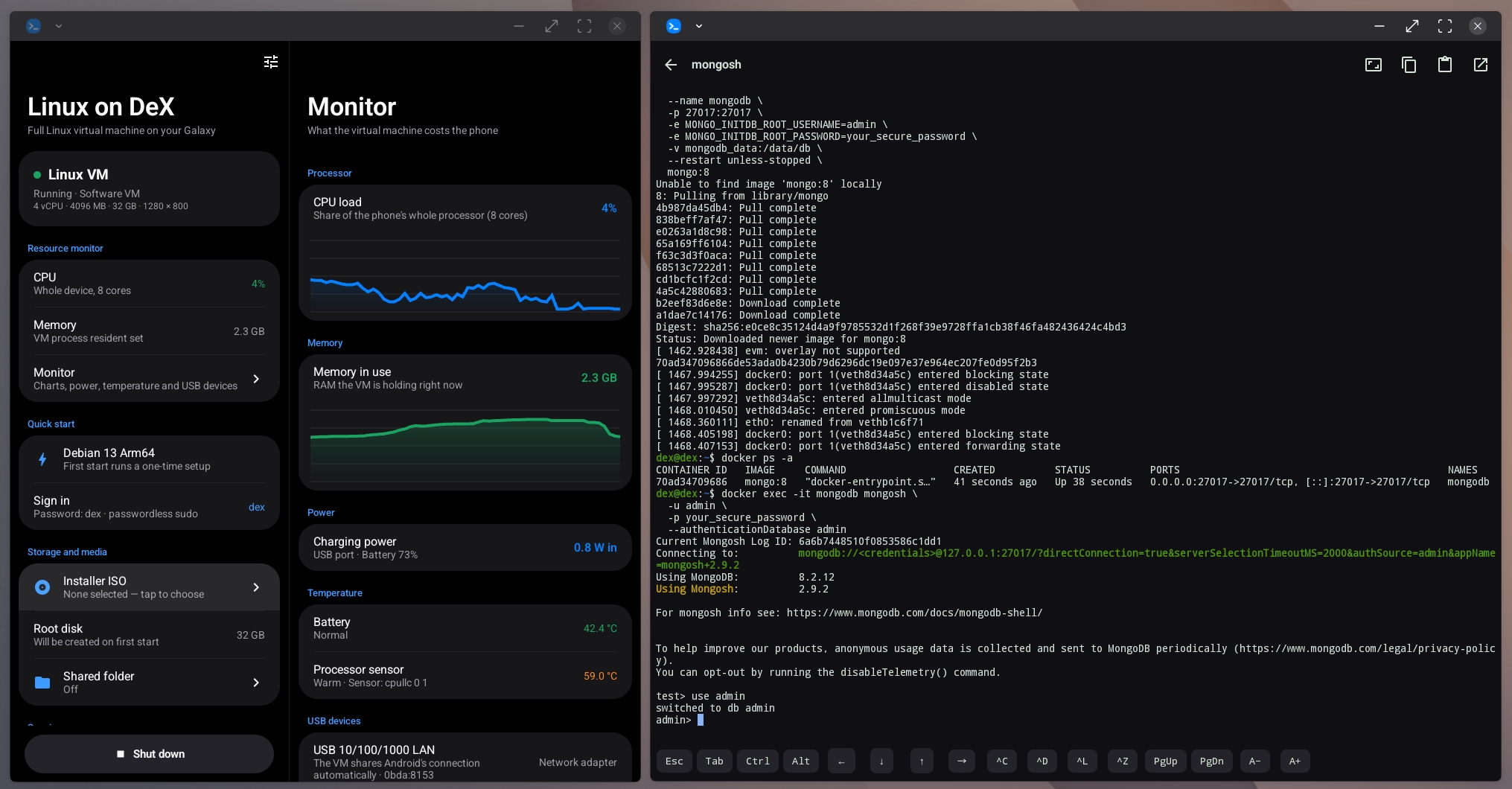 Linux on DeX and a terminal side by side on Samsung DeX: the VM running a MongoDB container while the Monitor page charts CPU, memory, power and temperature