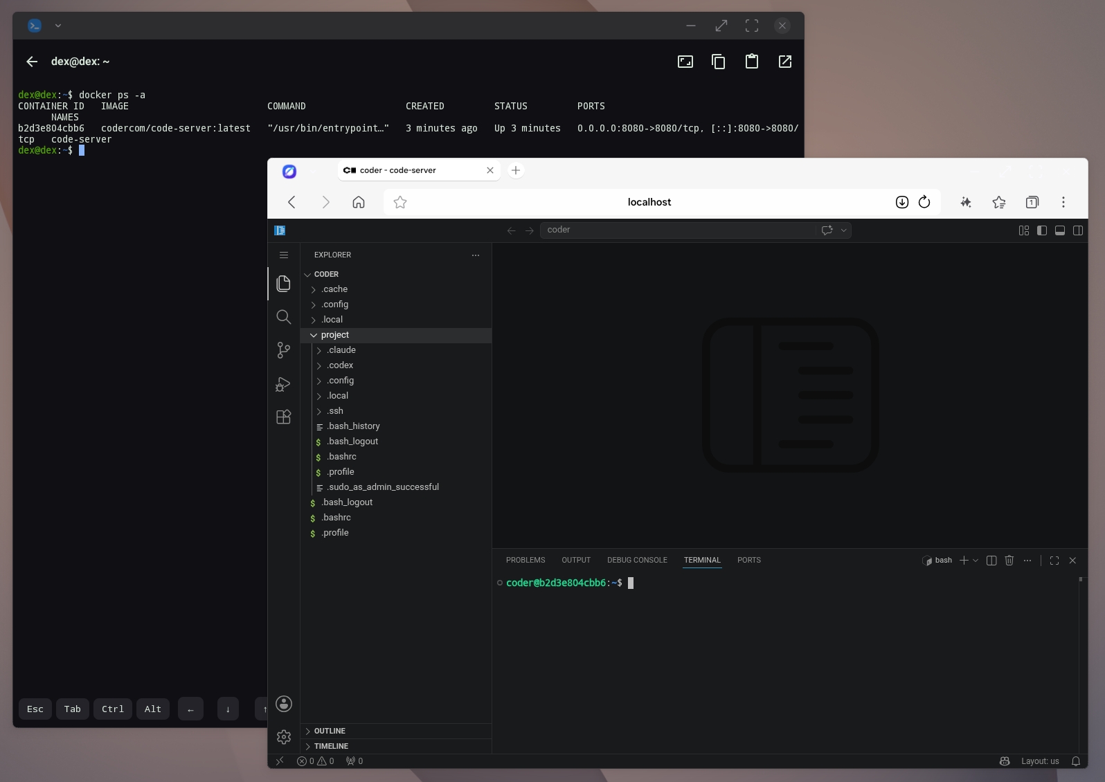 VS Code (code-server) served from the VM, open in an Android browser at localhost through port forwarding