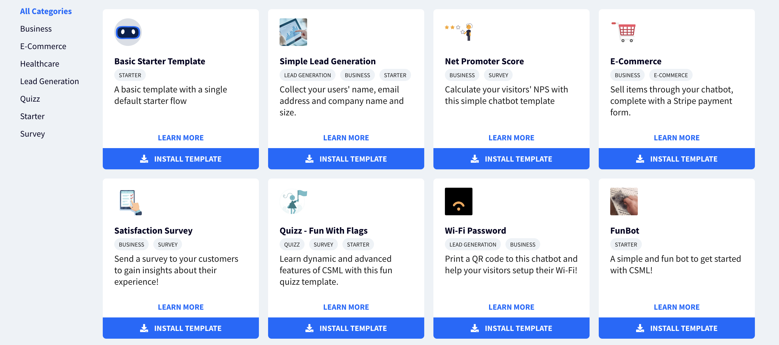 Some of the Chatbot Templates available in CSML Studio