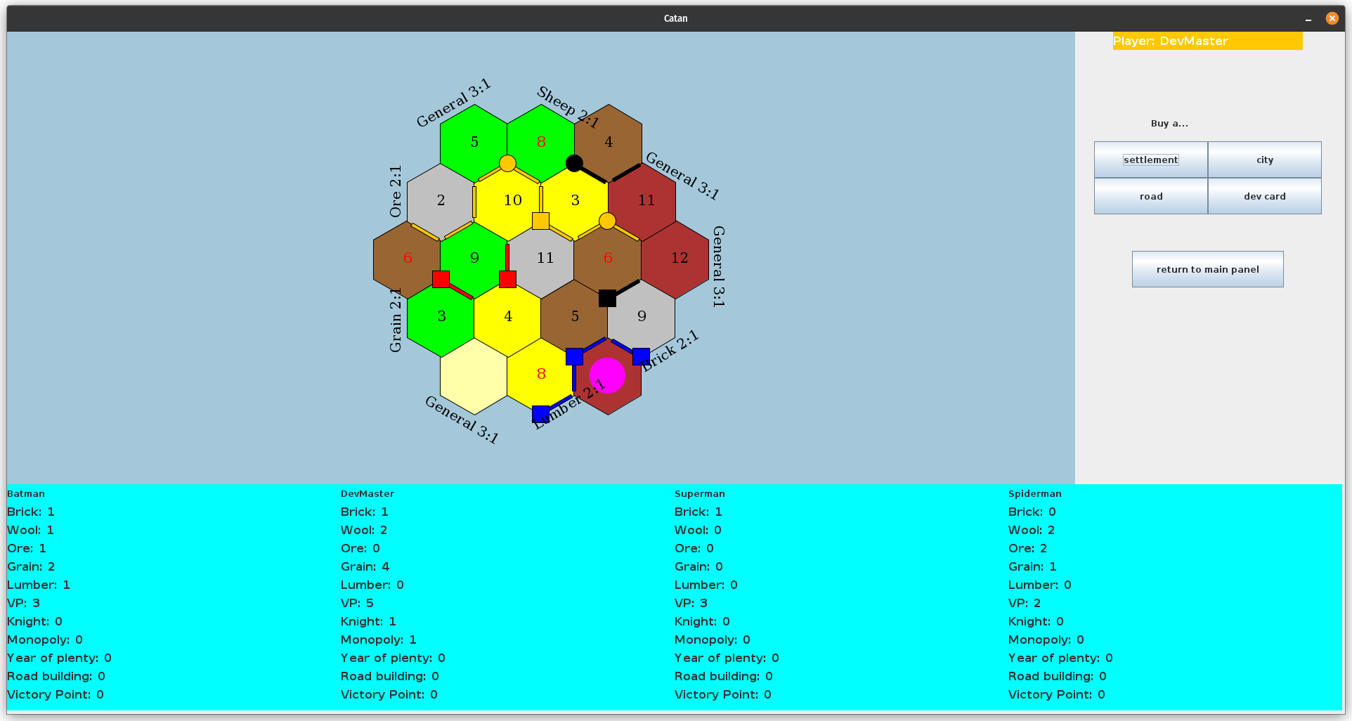 An early game screenshot from this Catan project.