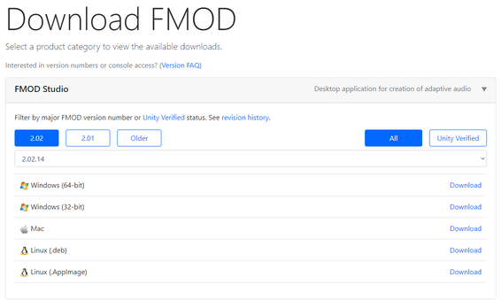 Downloading FMOD Studio Preview