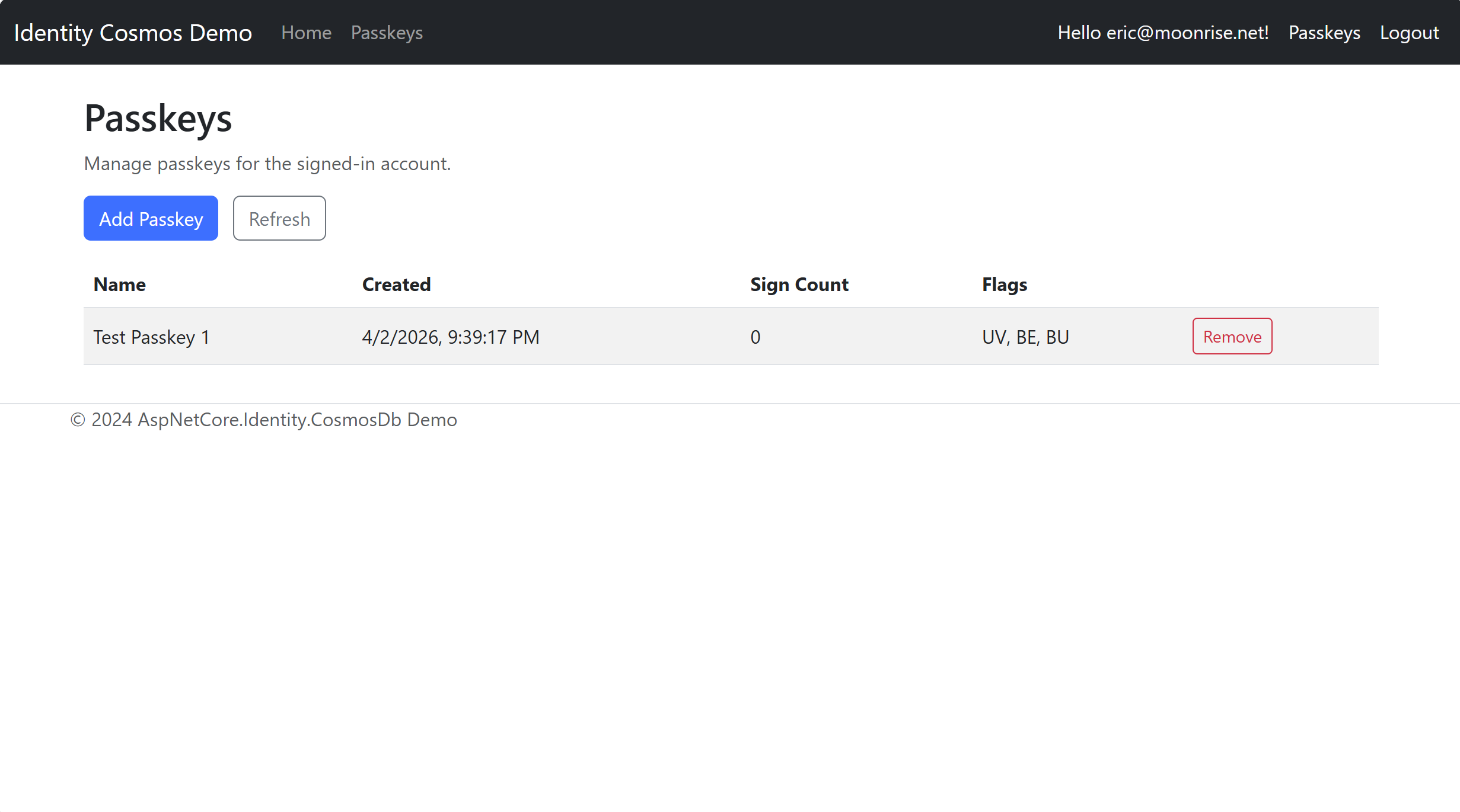 Passkeys page screenshot