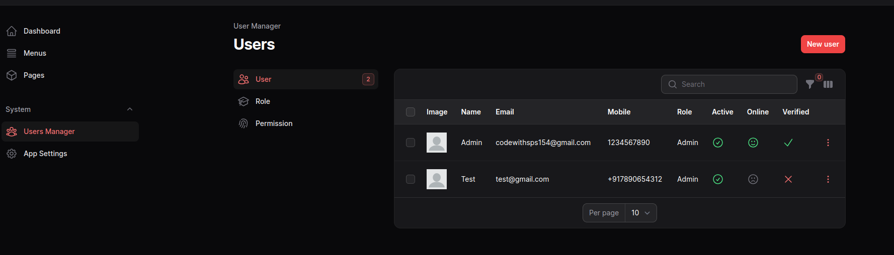 User Roles Permissions Screenshot