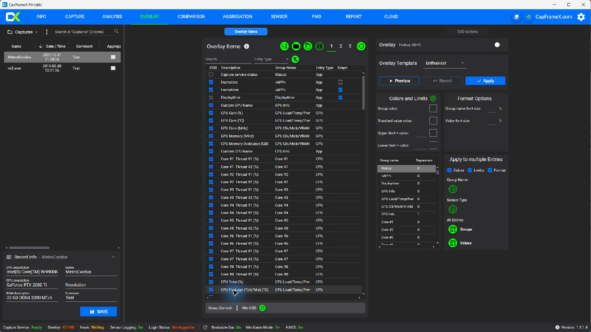 CapFrameX 1.9.1 overlay entries