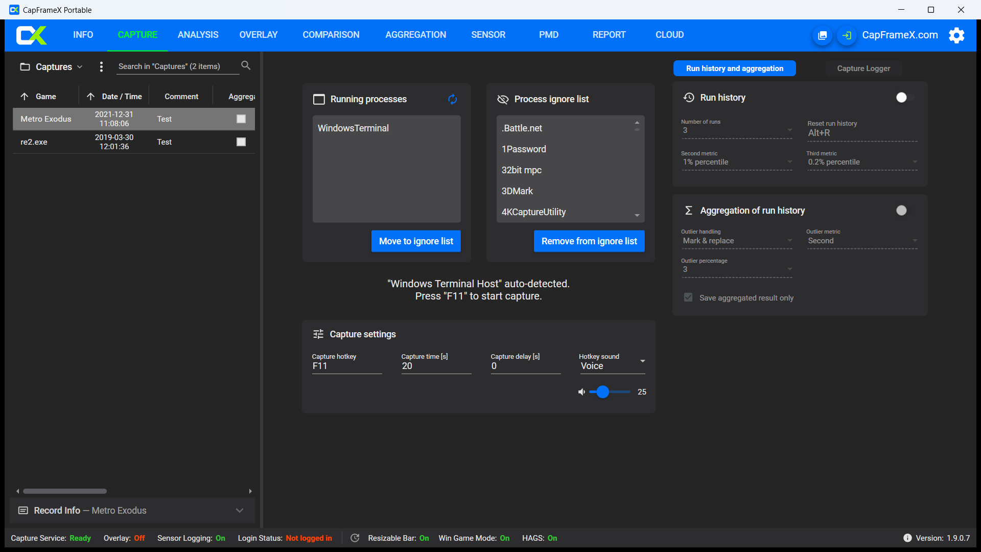 CapFrameX 1.9.0 capture settings and run history