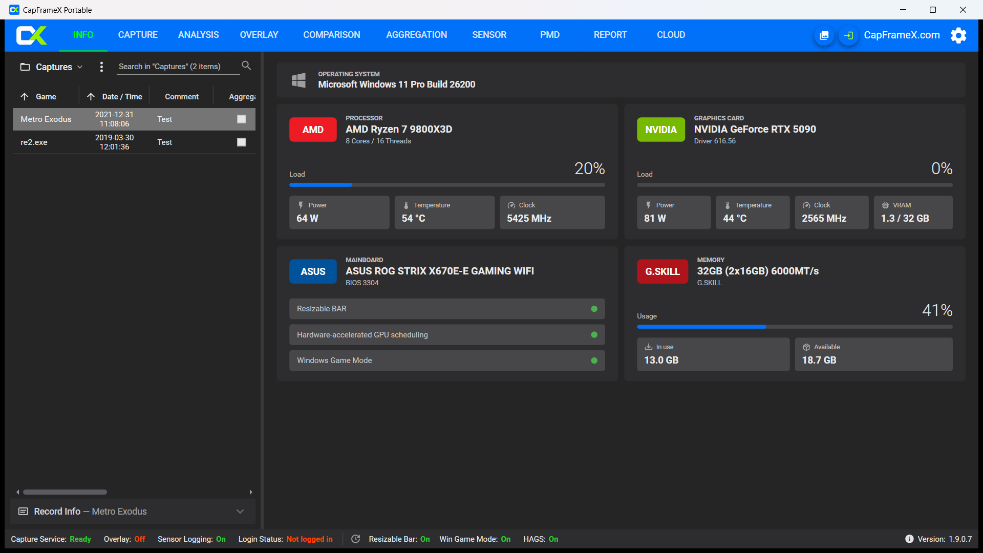 CapFrameX 1.9.0 system information dashboard