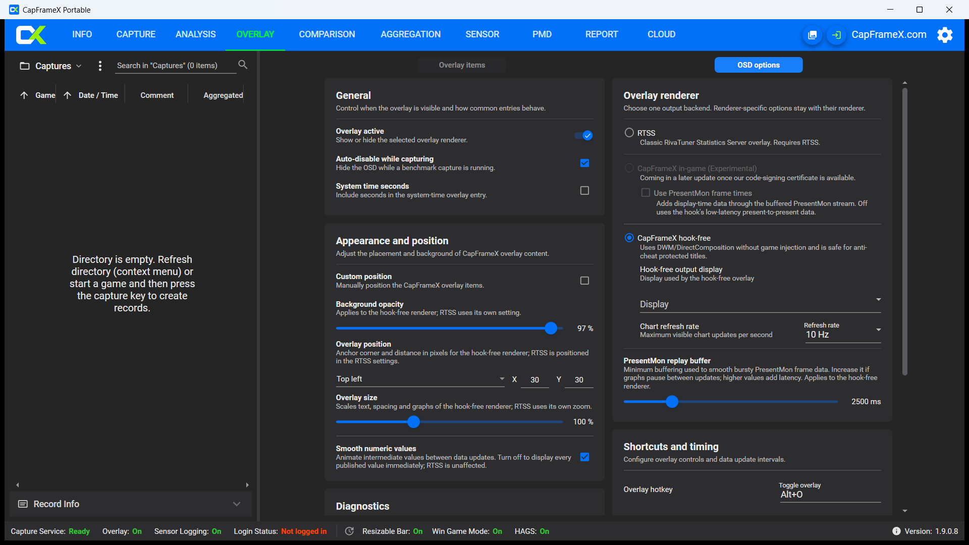 CapFrameX 1.9.0 renderer and OSD options