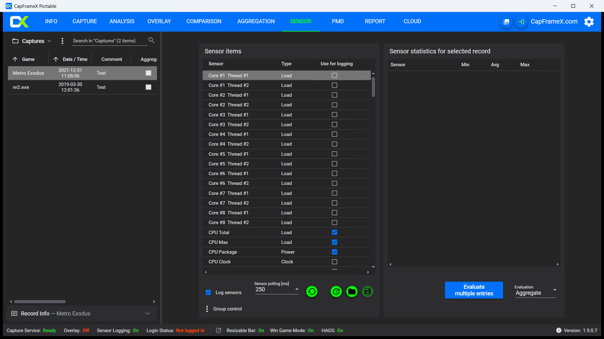 CapFrameX 1.9.0 sensor selection