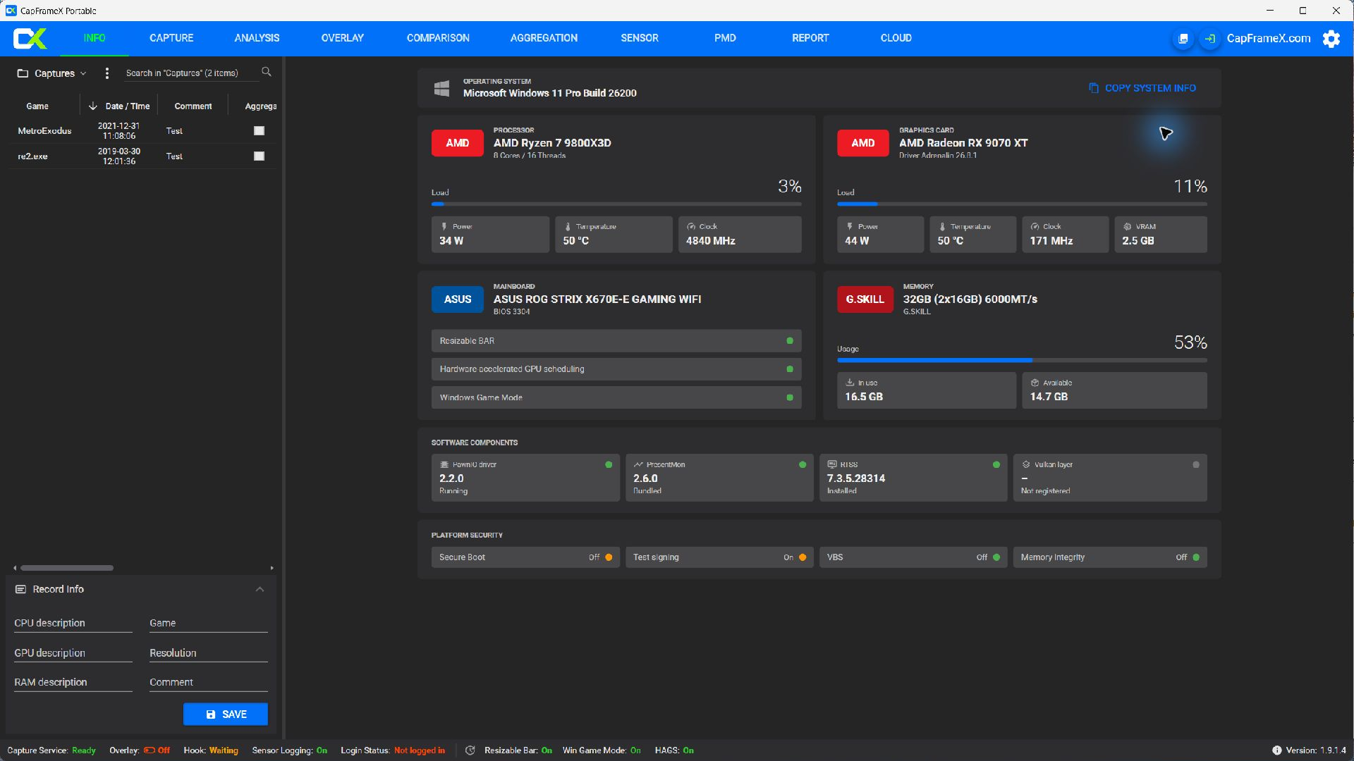 CapFrameX 1.9.1 system information dashboard