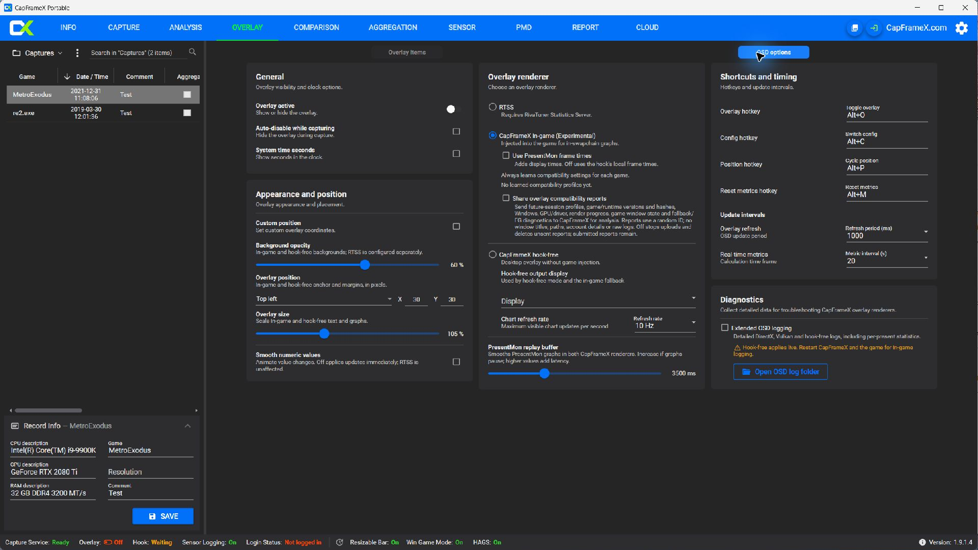 CapFrameX 1.9.1 renderer and OSD options