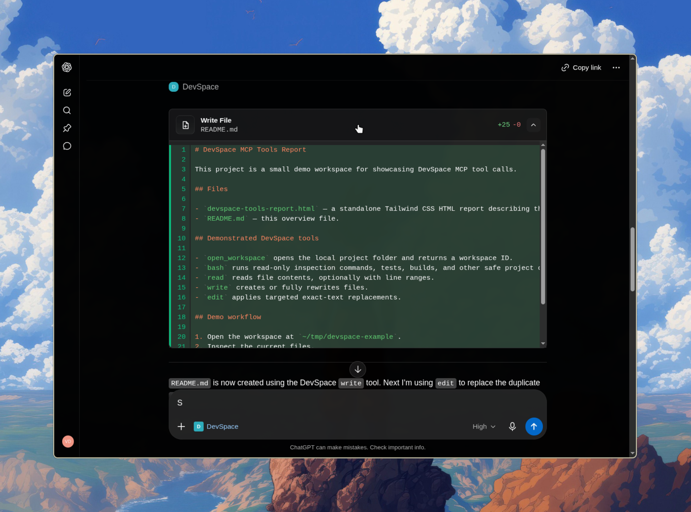 DevSpace connected to ChatGPT